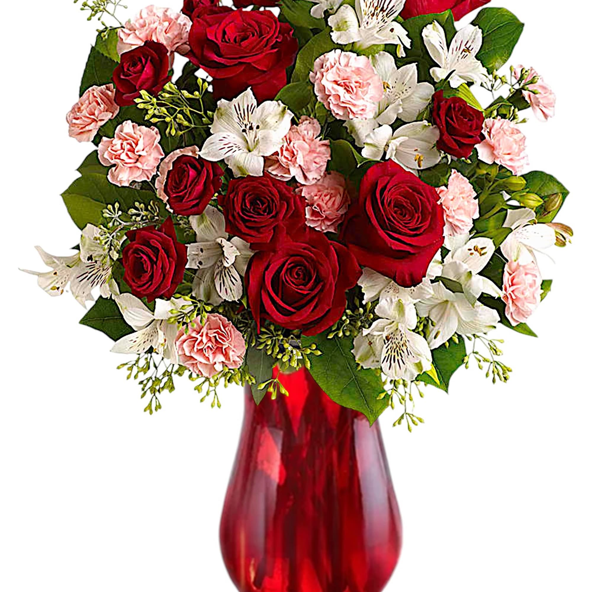 Bouquet of red roses, pink carnations, and white alstroemeria in a red glass vase