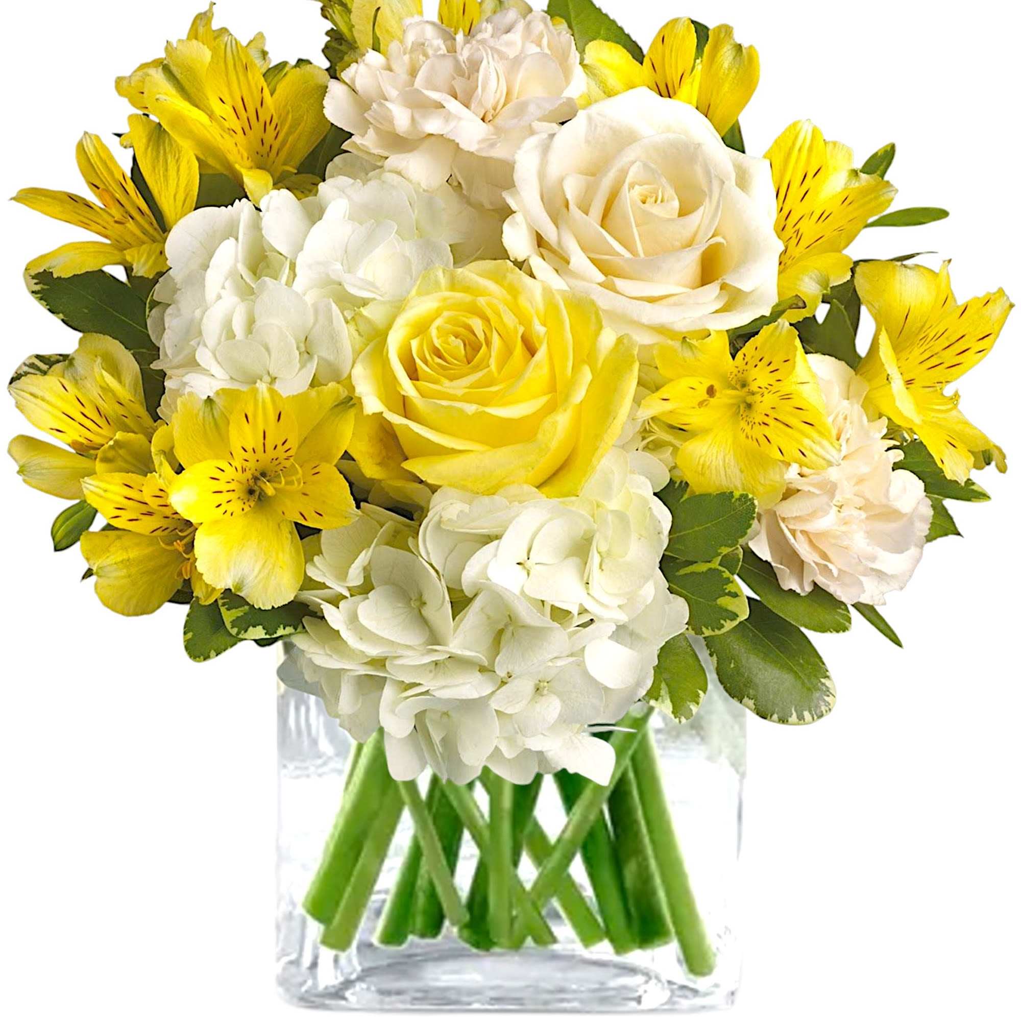Yellow and white bouquet in a clear glass vase