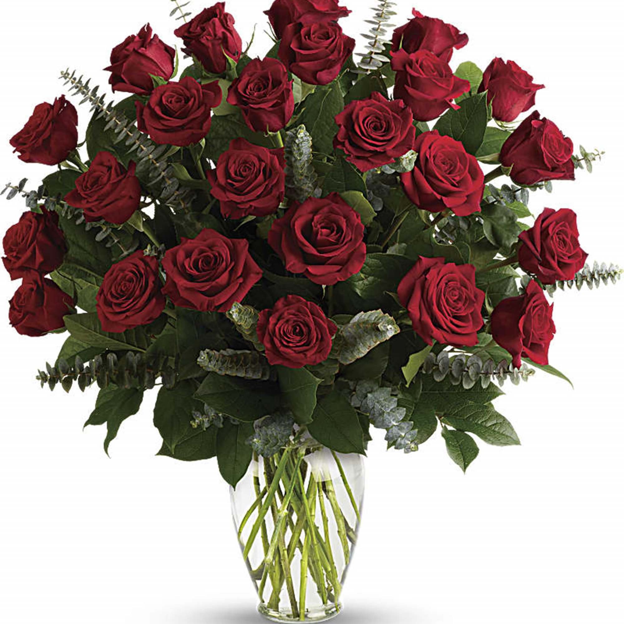 Bouquet of red roses in a clear glass vase