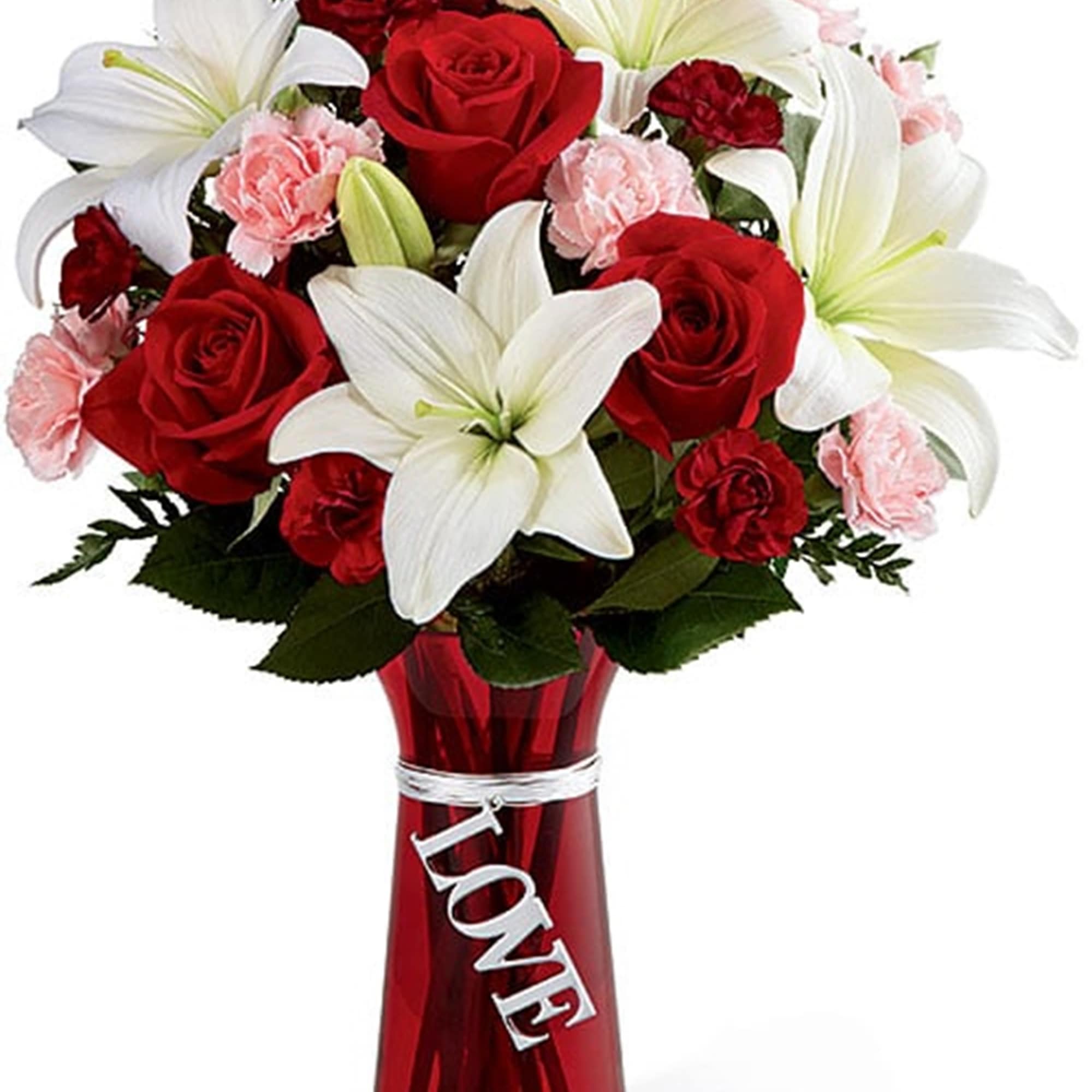 Red roses and white lilies in a red vase with a LOVE charm