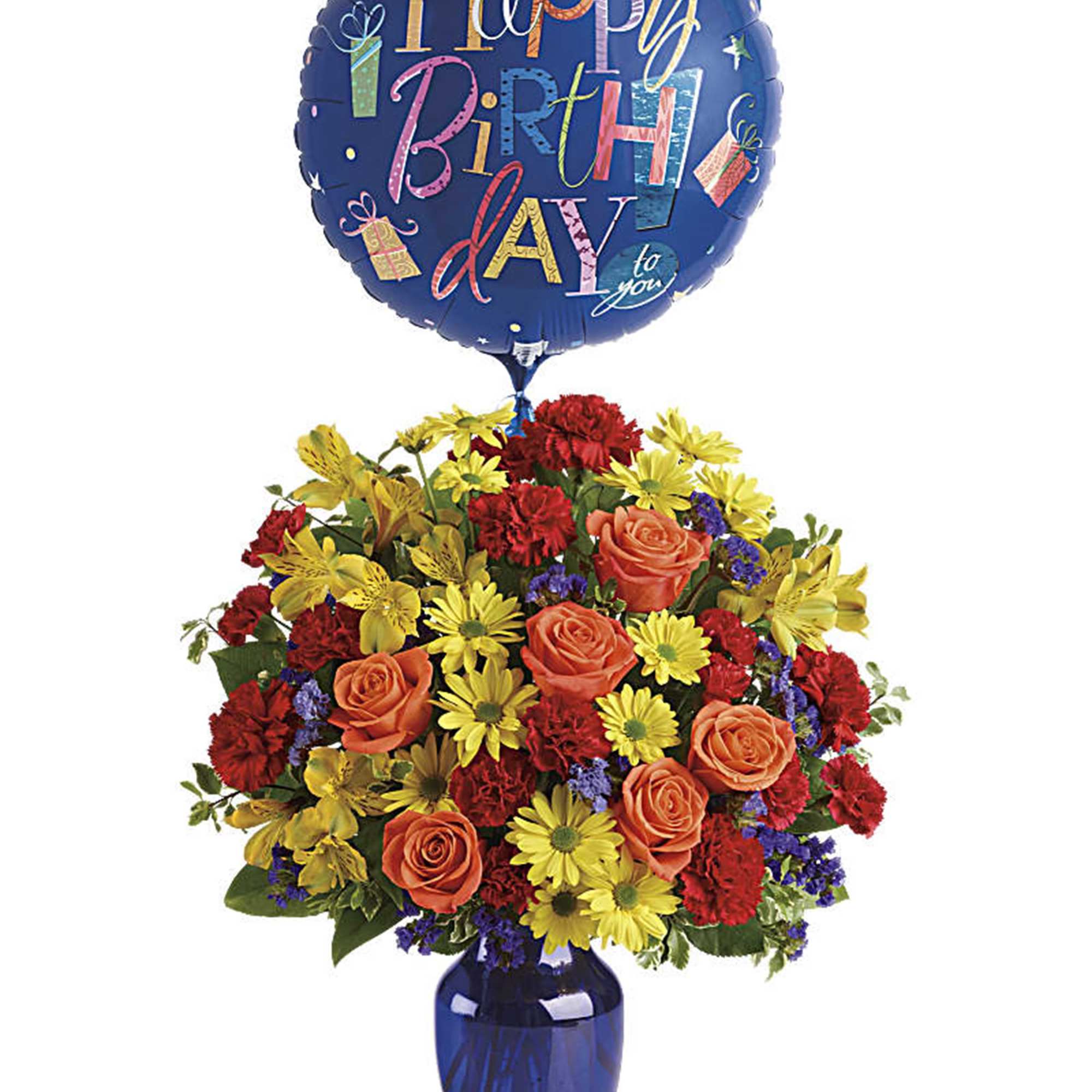 Birthday bouquet with a blue balloon and mixed flowers in a blue vase