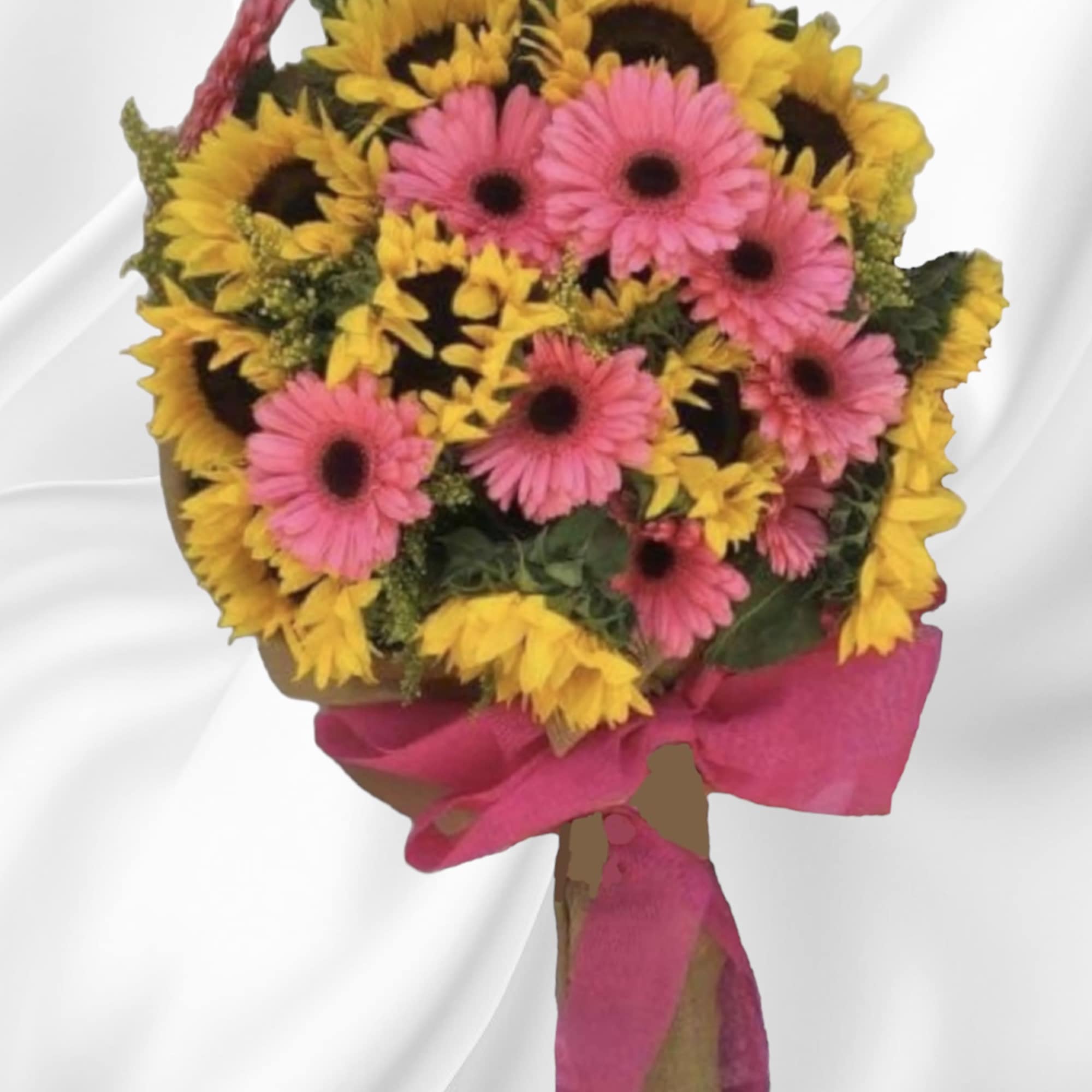 Bouquet of pink gerbera daisies and yellow sunflowers with a pink ribbon, photo 4 of 5