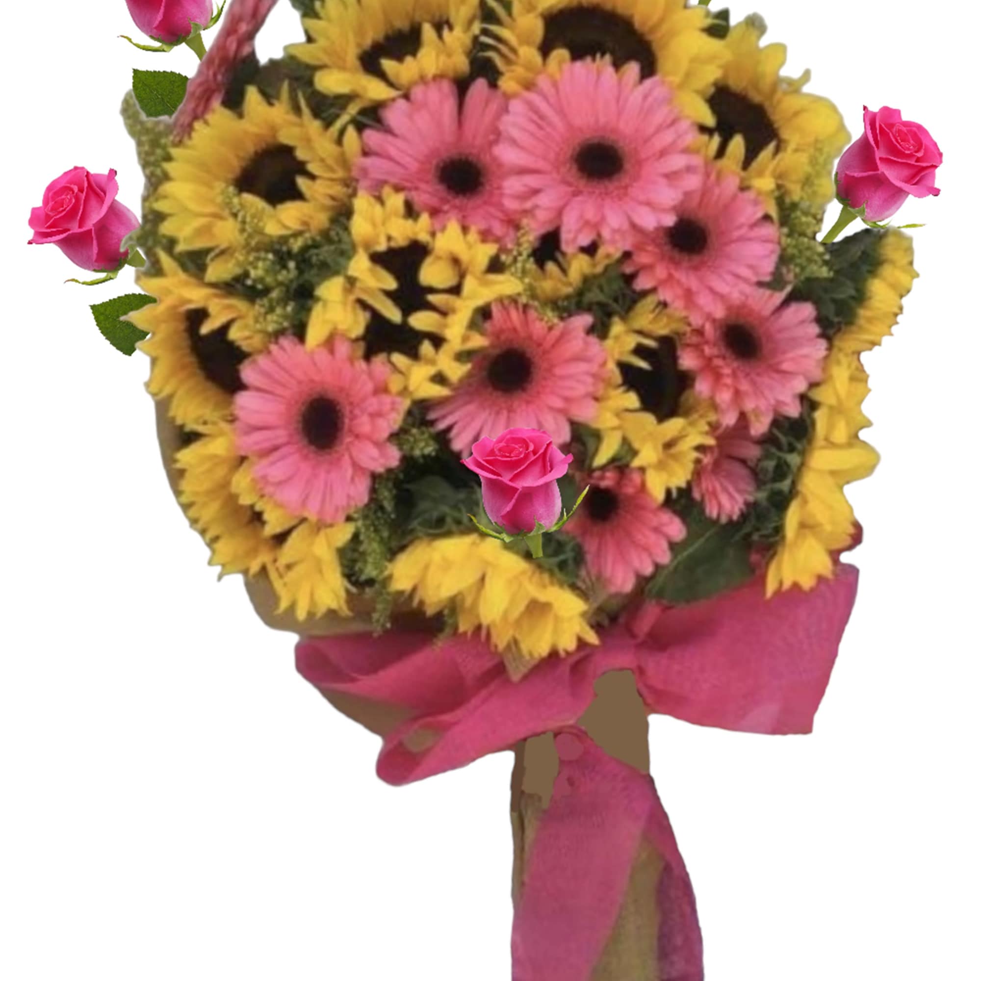 Bouquet of pink roses, pink gerbera daisies, and yellow sunflowers tied with a pink ribbon