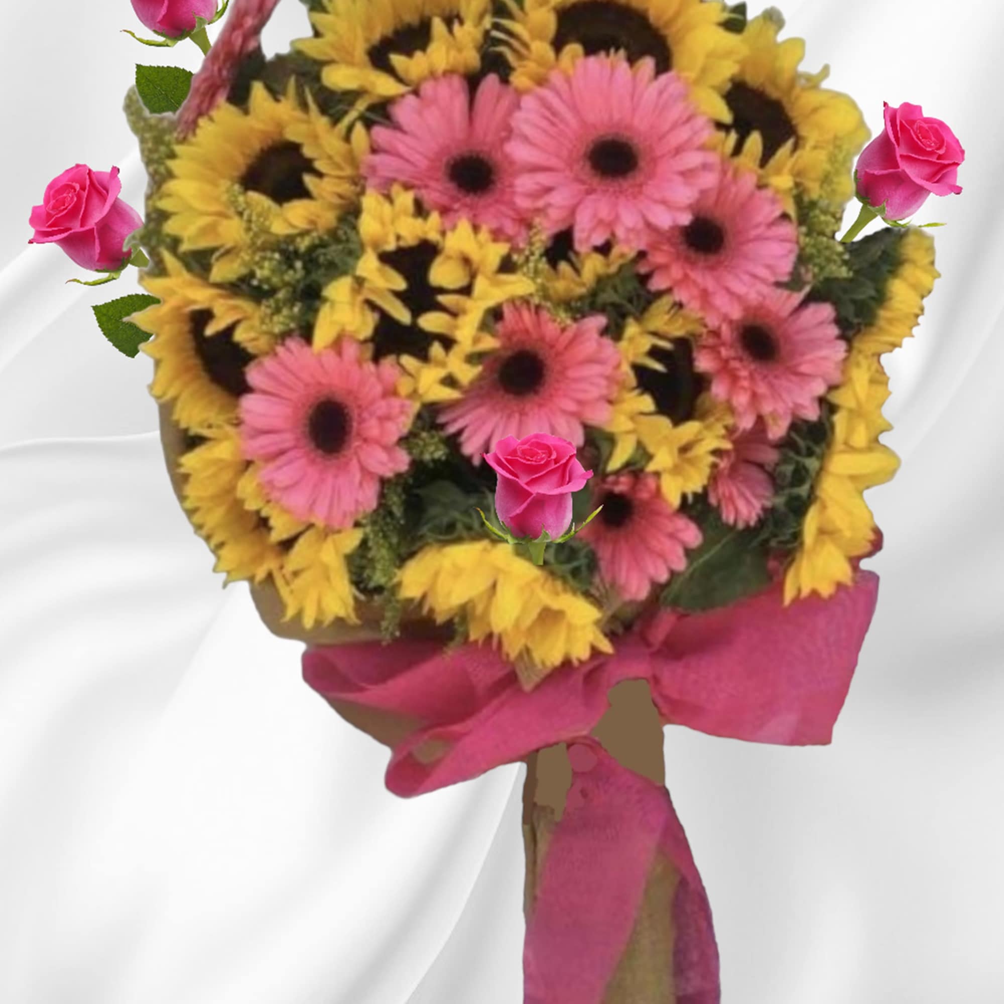 Bouquet of pink roses and gerbera daisies with yellow sunflowers