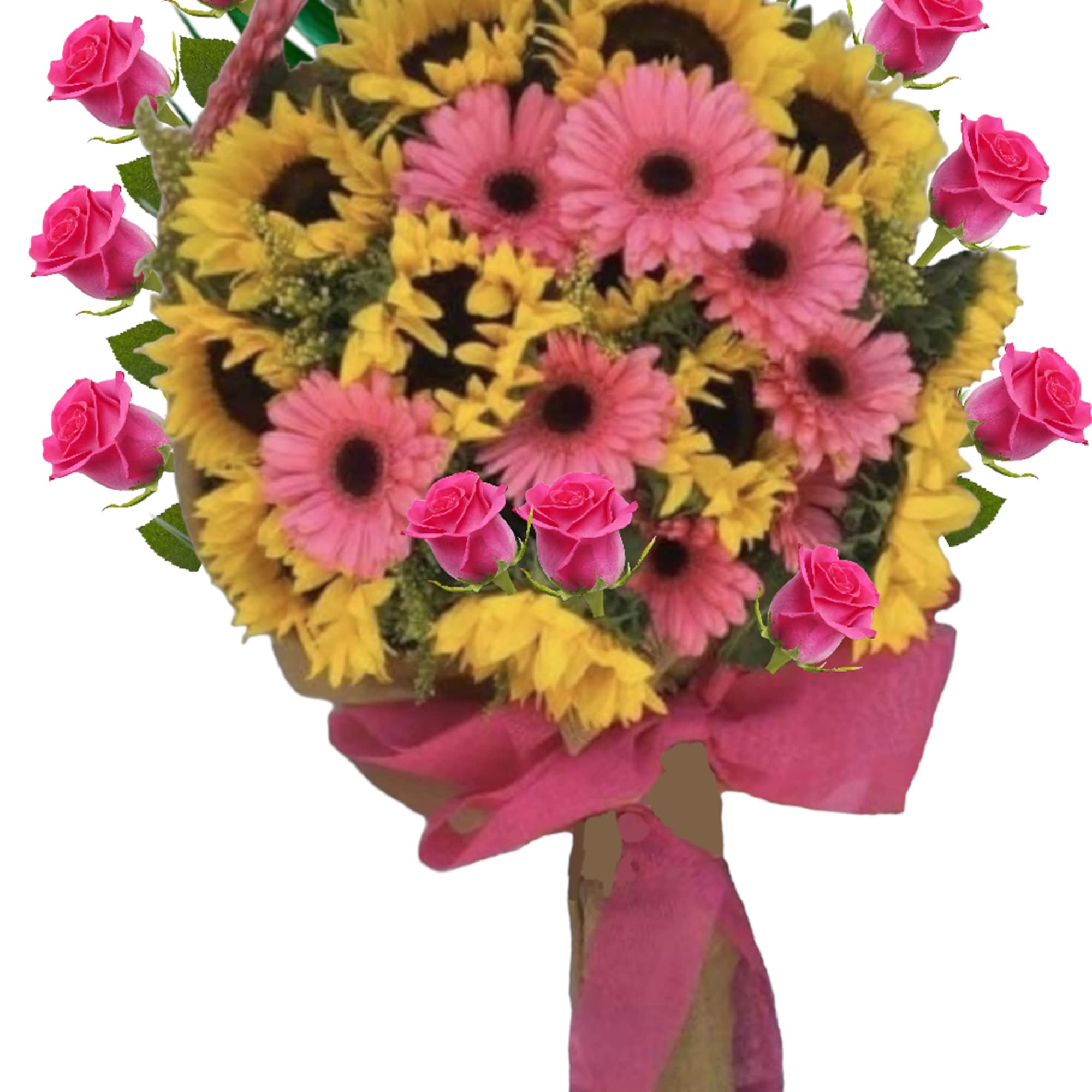 Bouquet of pink roses and pink gerbera daisies with yellow sunflowers