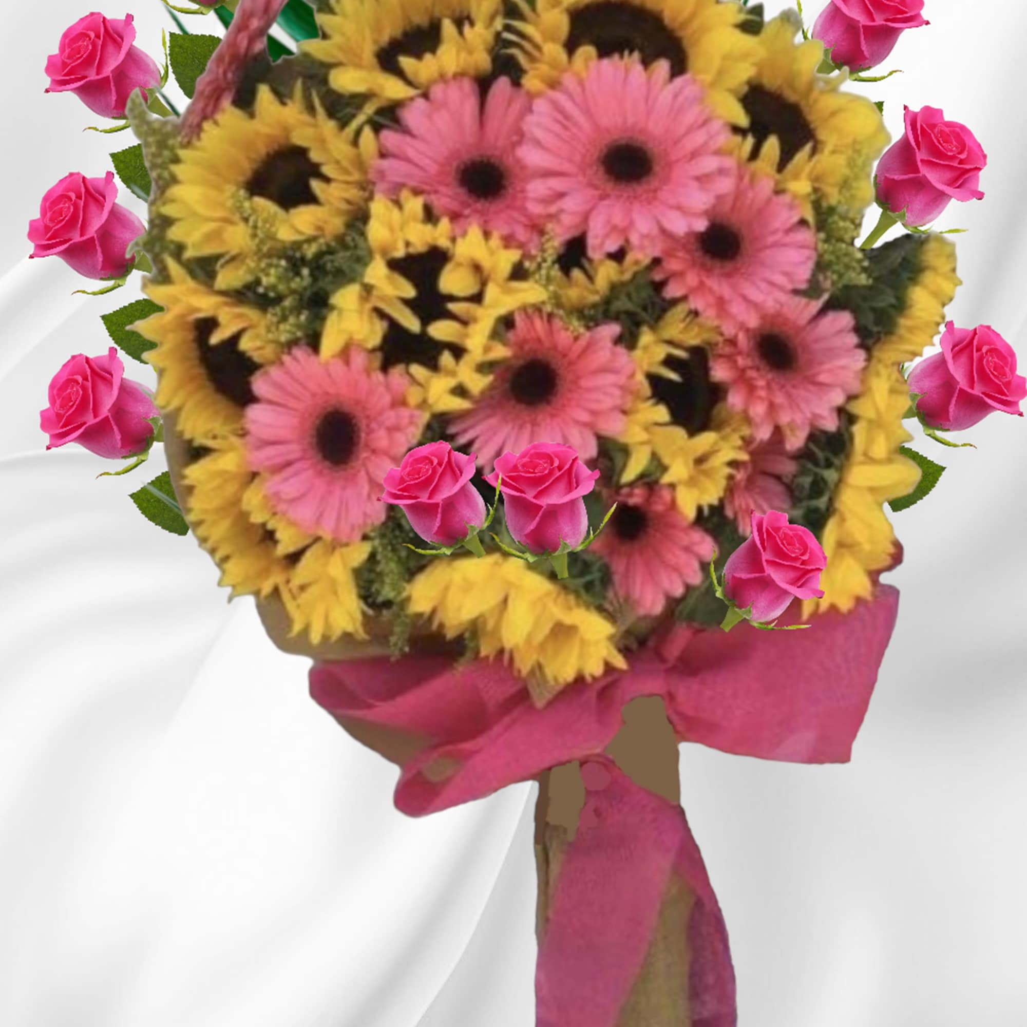 Bouquet of pink roses and yellow sunflowers with a pink ribbon