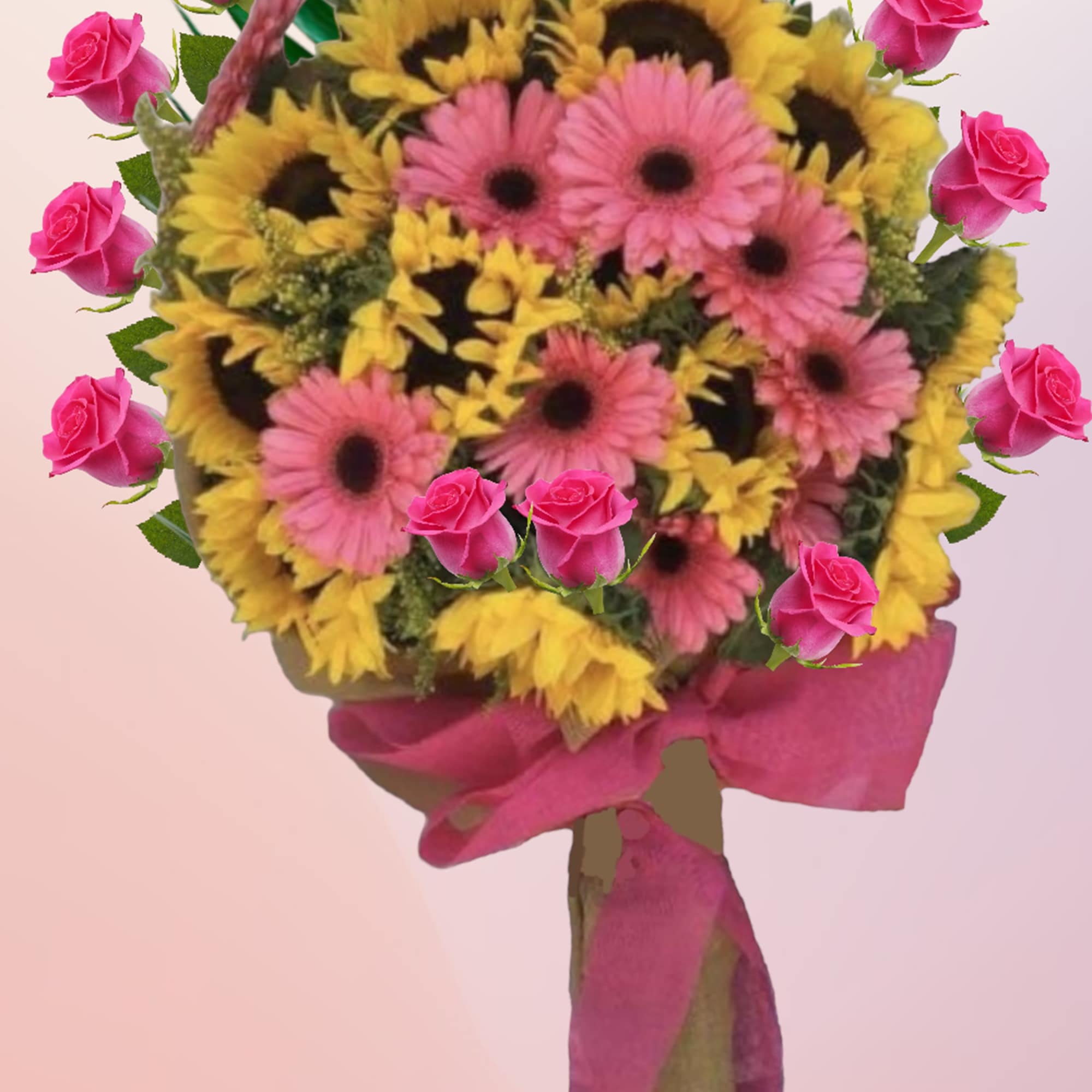 Bouquet of pink roses and yellow-pink daisies with a pink ribbon