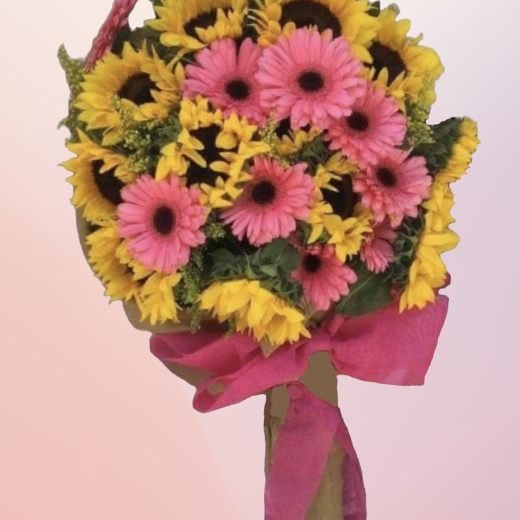 Bouquet of pink gerbera daisies and yellow sunflowers with a pink ribbon, photo 5 of 5