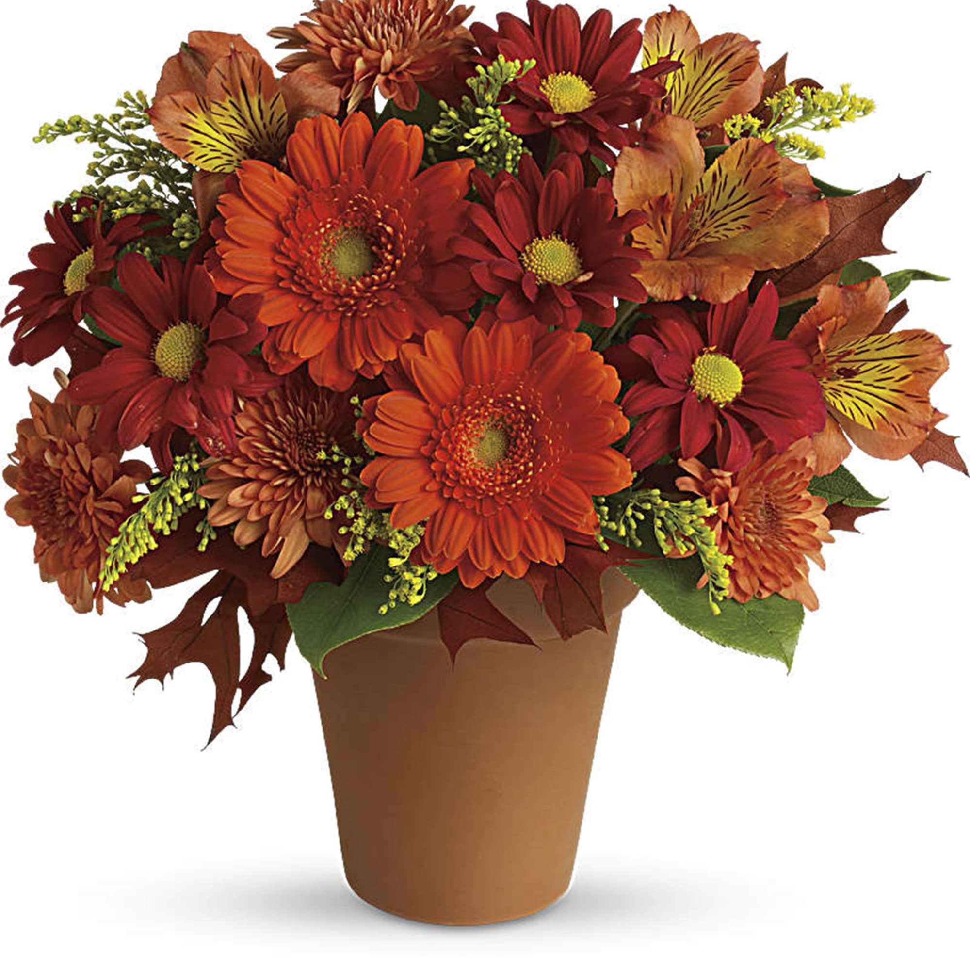 Orange and red mixed flower arrangement in a brown pot