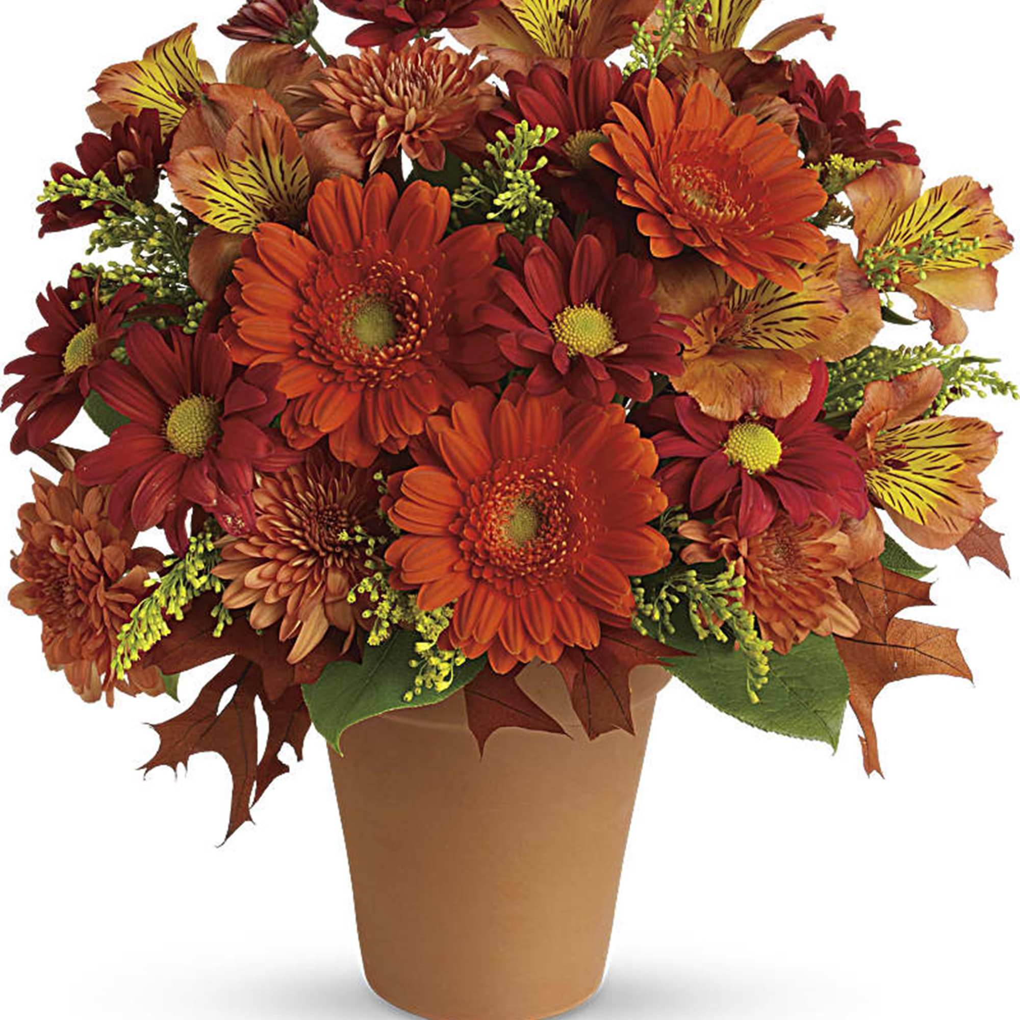 Orange and red mixed bouquet in a brown vase