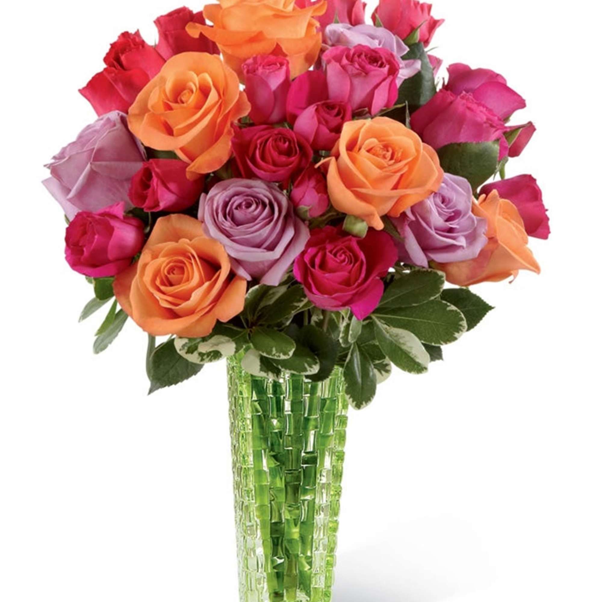 Bouquet of multicolored roses in a green glass vase
