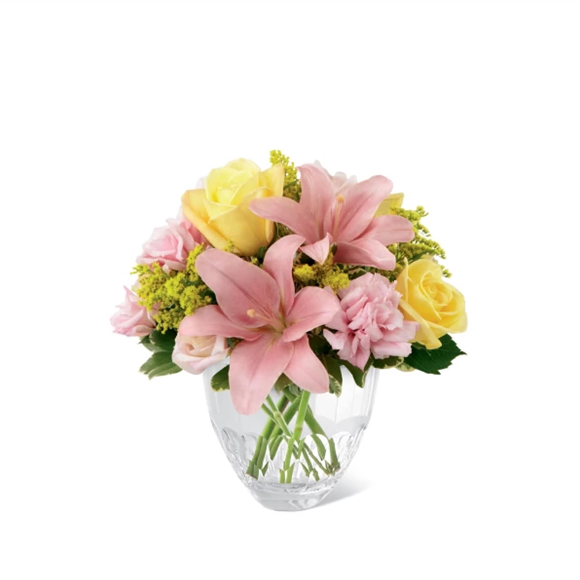 Pink lilies and yellow roses in a clear glass vase