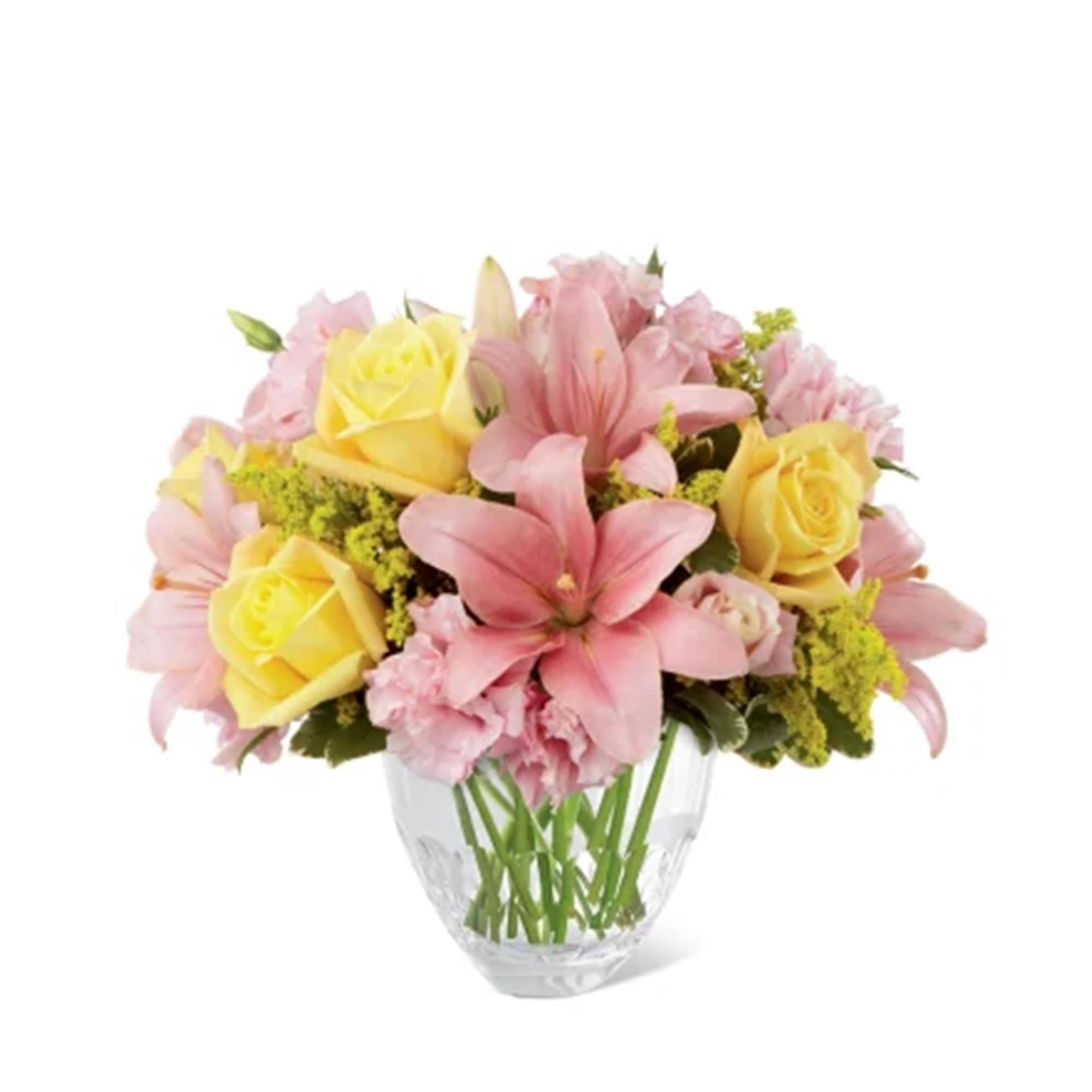 Pink lilies and yellow roses in a clear glass vase