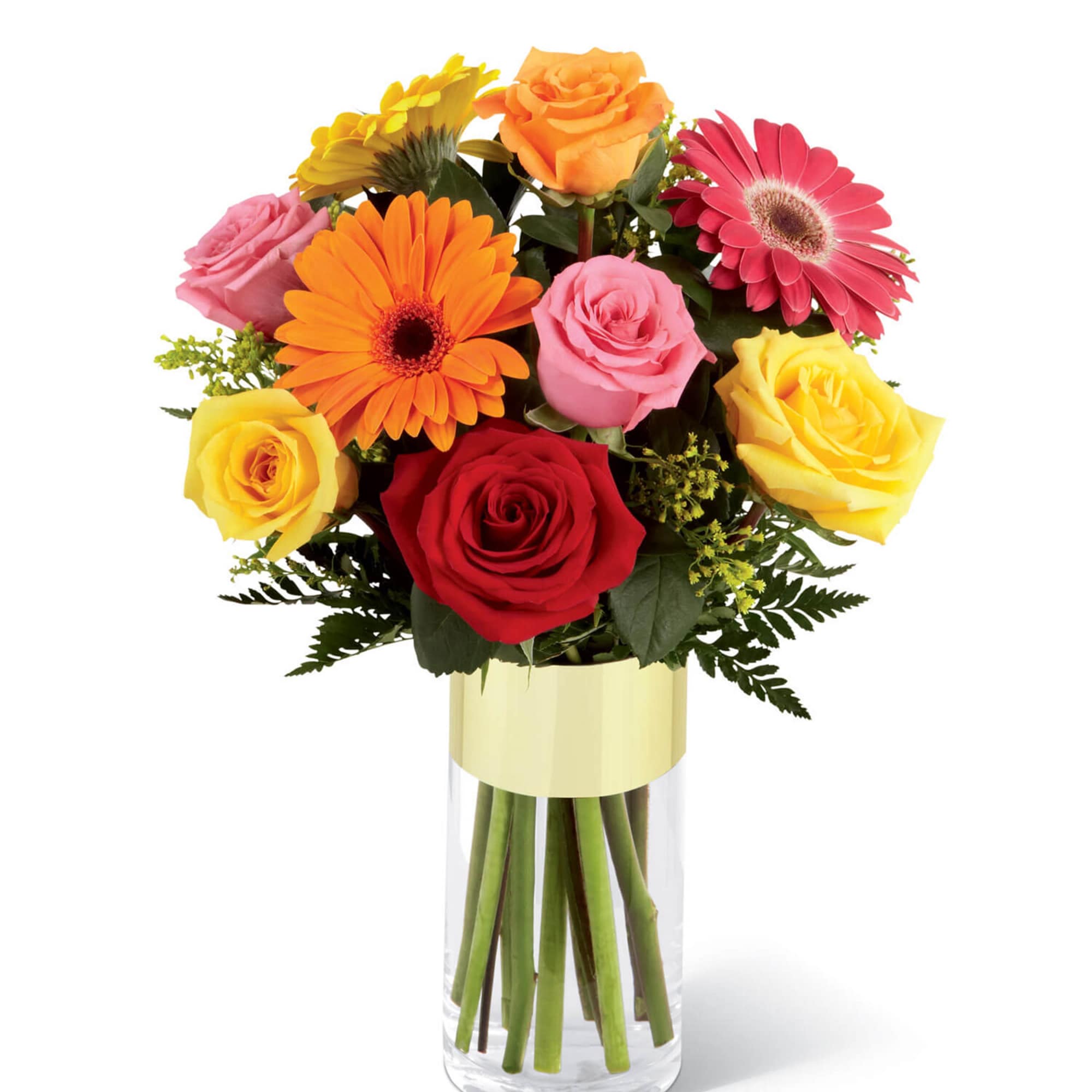 Mixed bouquet of roses and gerbera daisies in a clear glass vase