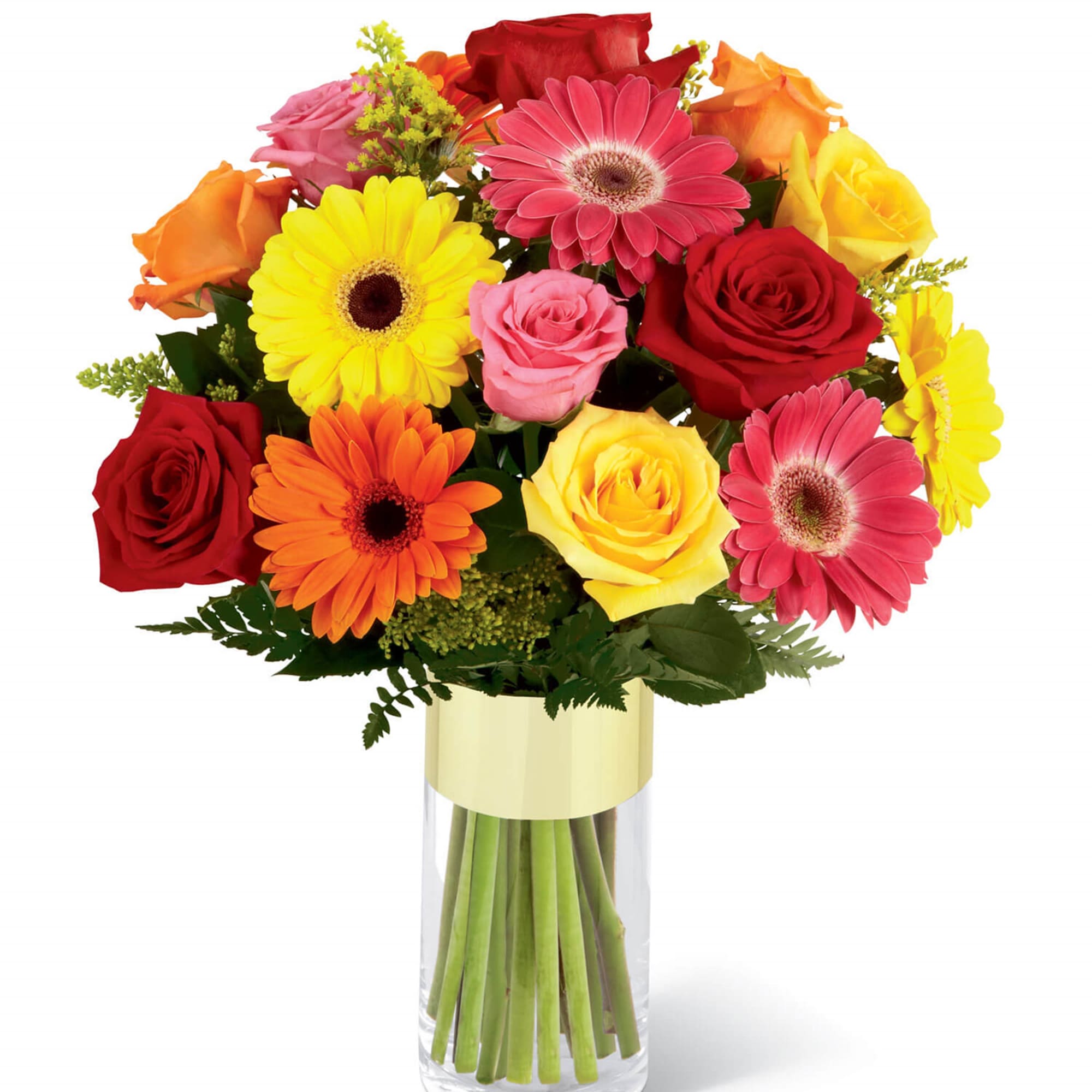 Mixed bouquet of roses and gerbera daisies in a clear glass vase