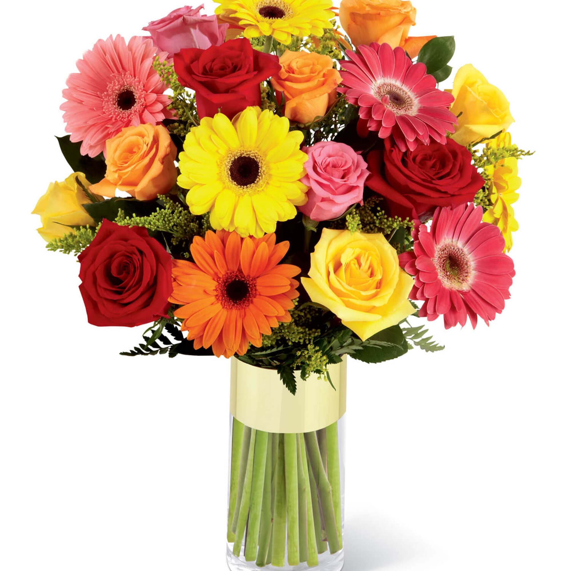 Mixed bouquet of roses and gerbera daisies in a clear glass vase
