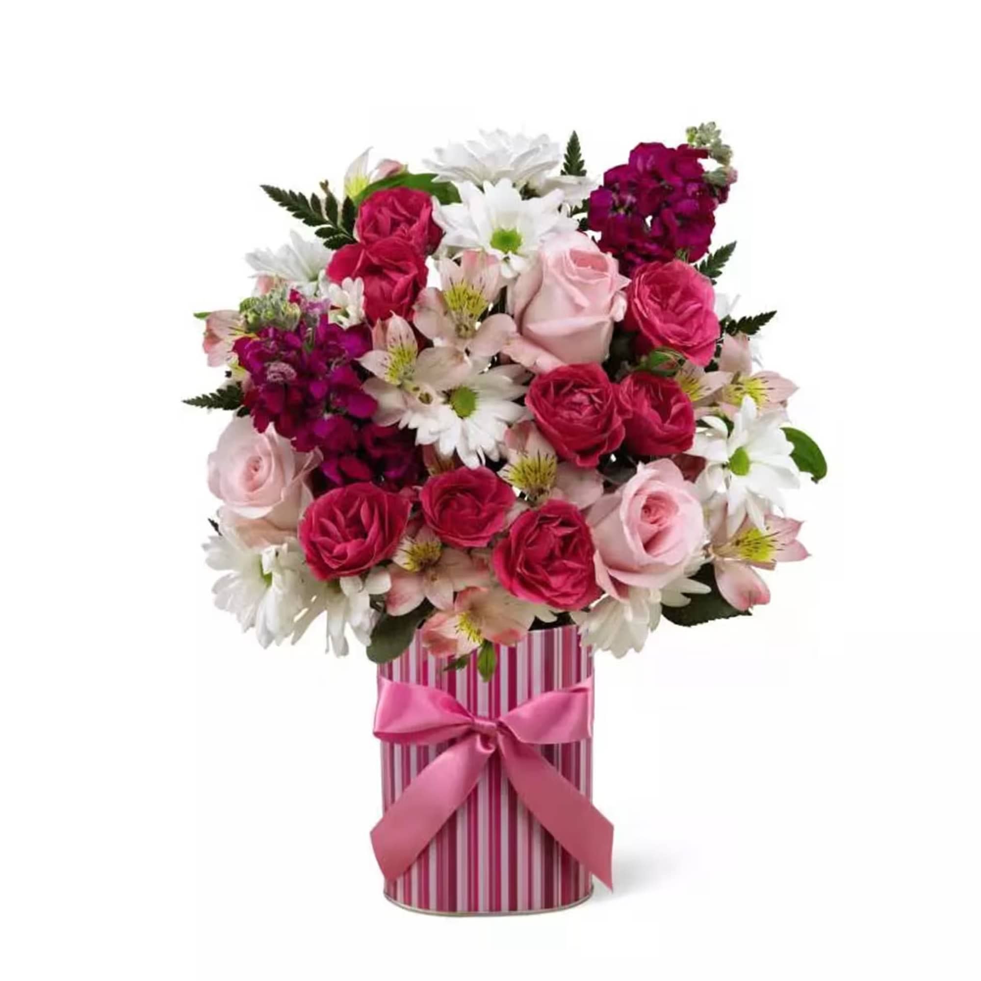 Pink and white mixed flower bouquet in a striped gift box with ribbon
