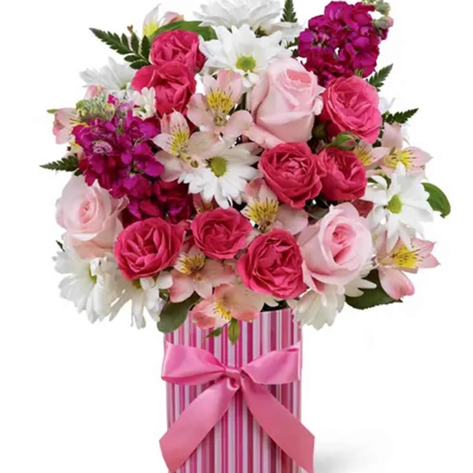 Pink and white flower bouquet in a striped gift box with a pink ribbon