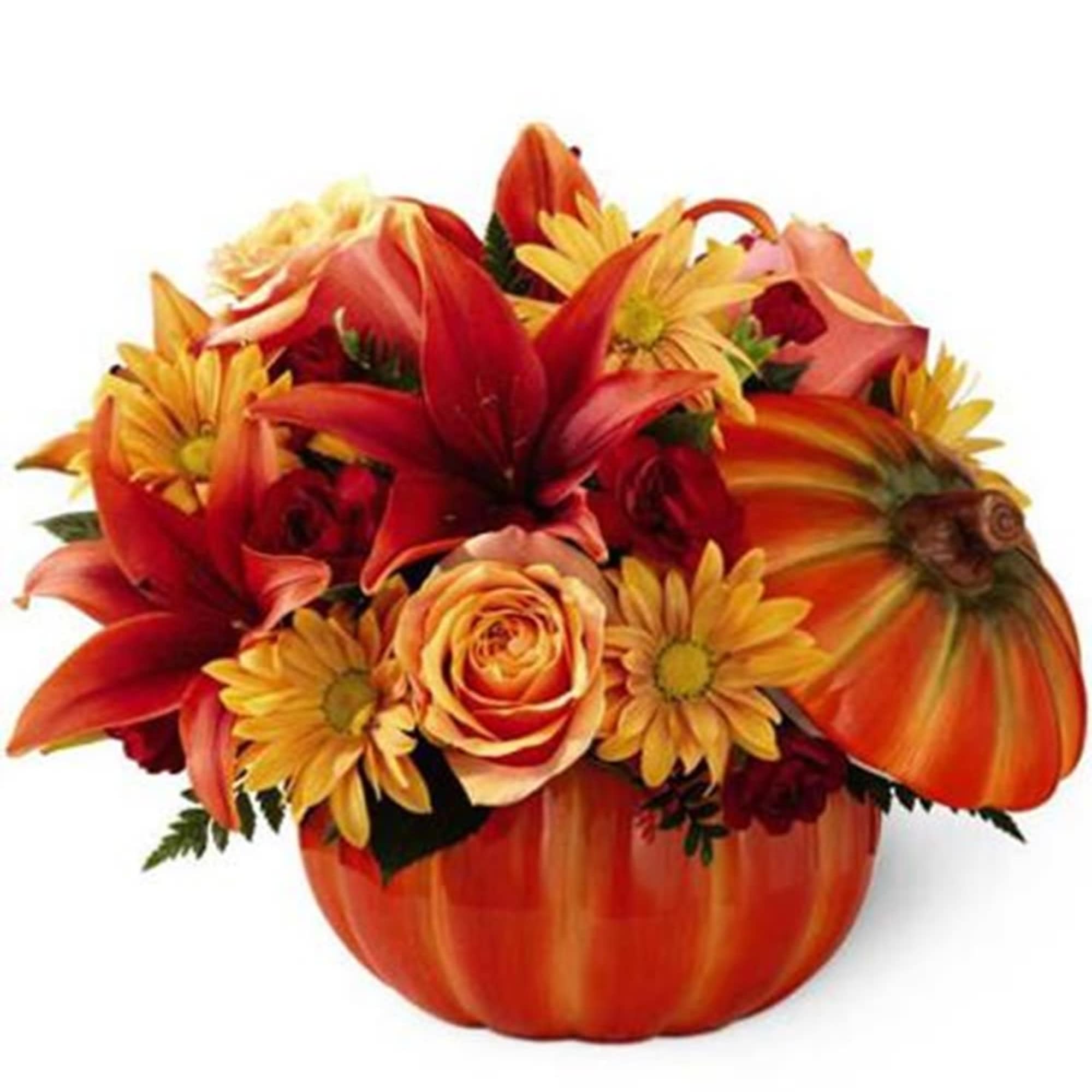 Autumn bouquet in a pumpkin-shaped container with red and yellow flowers
