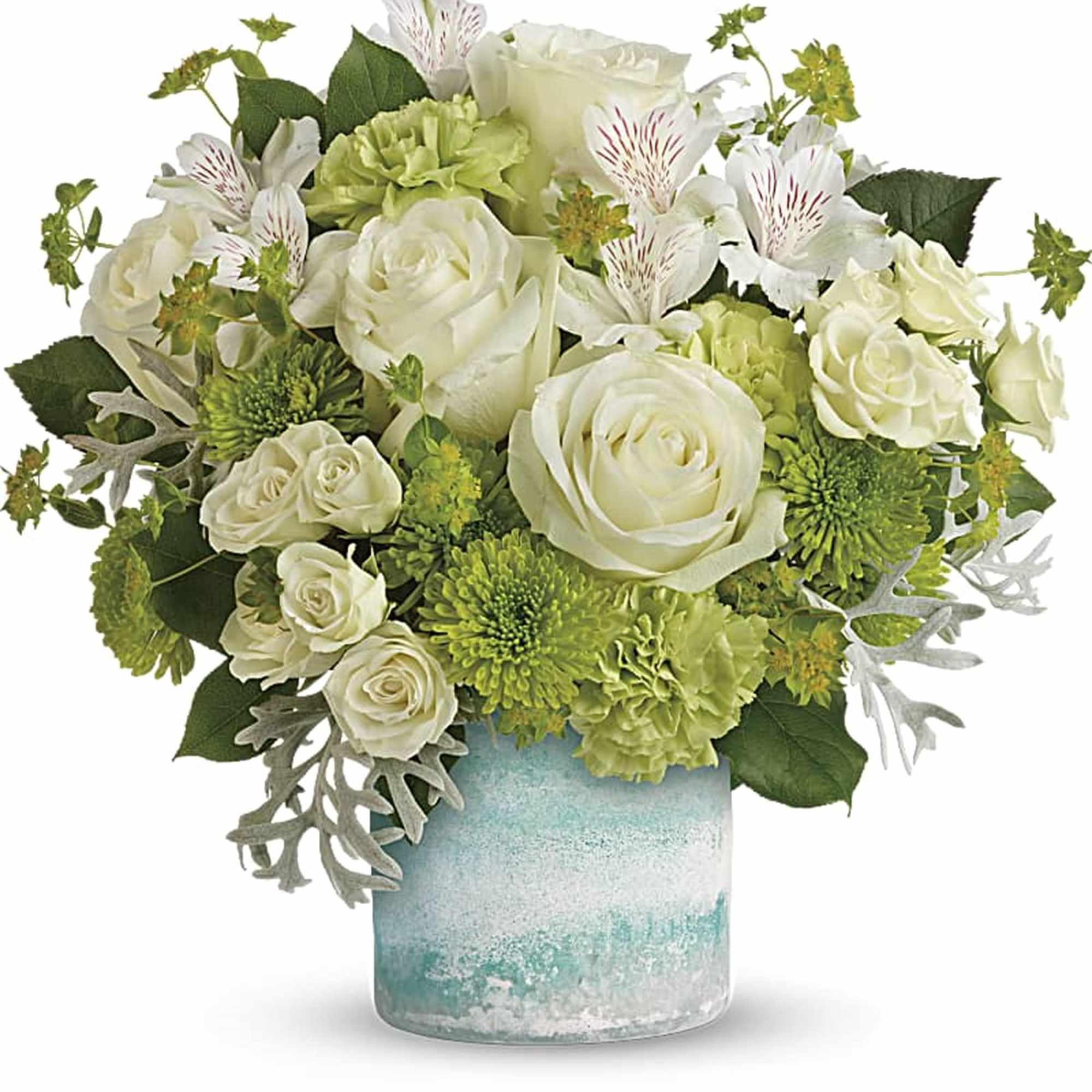 Reminiscent of a seaside garden, this gorgeous bouquet of white roses and