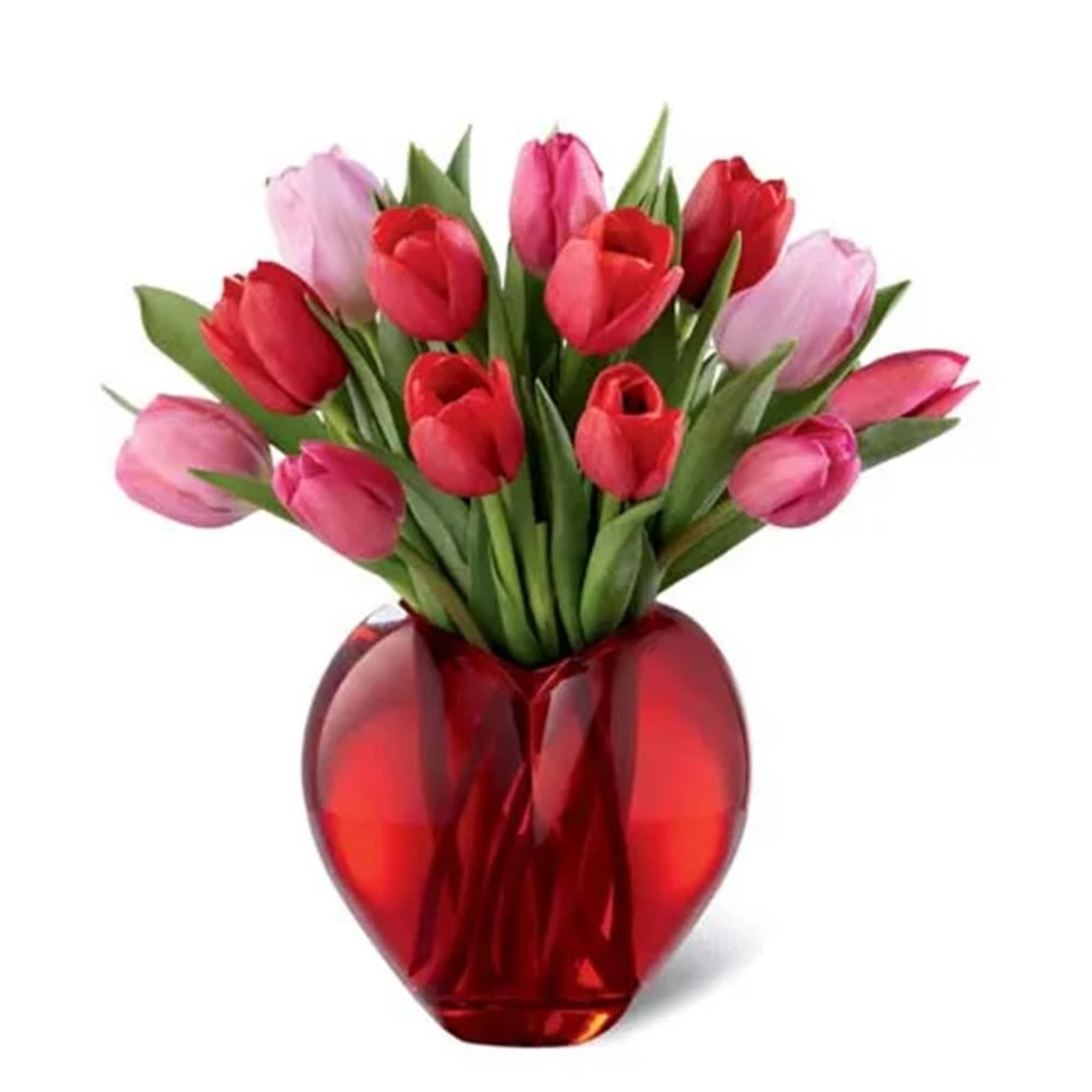 Bouquet of pink and red tulips in a red heart-shaped vase