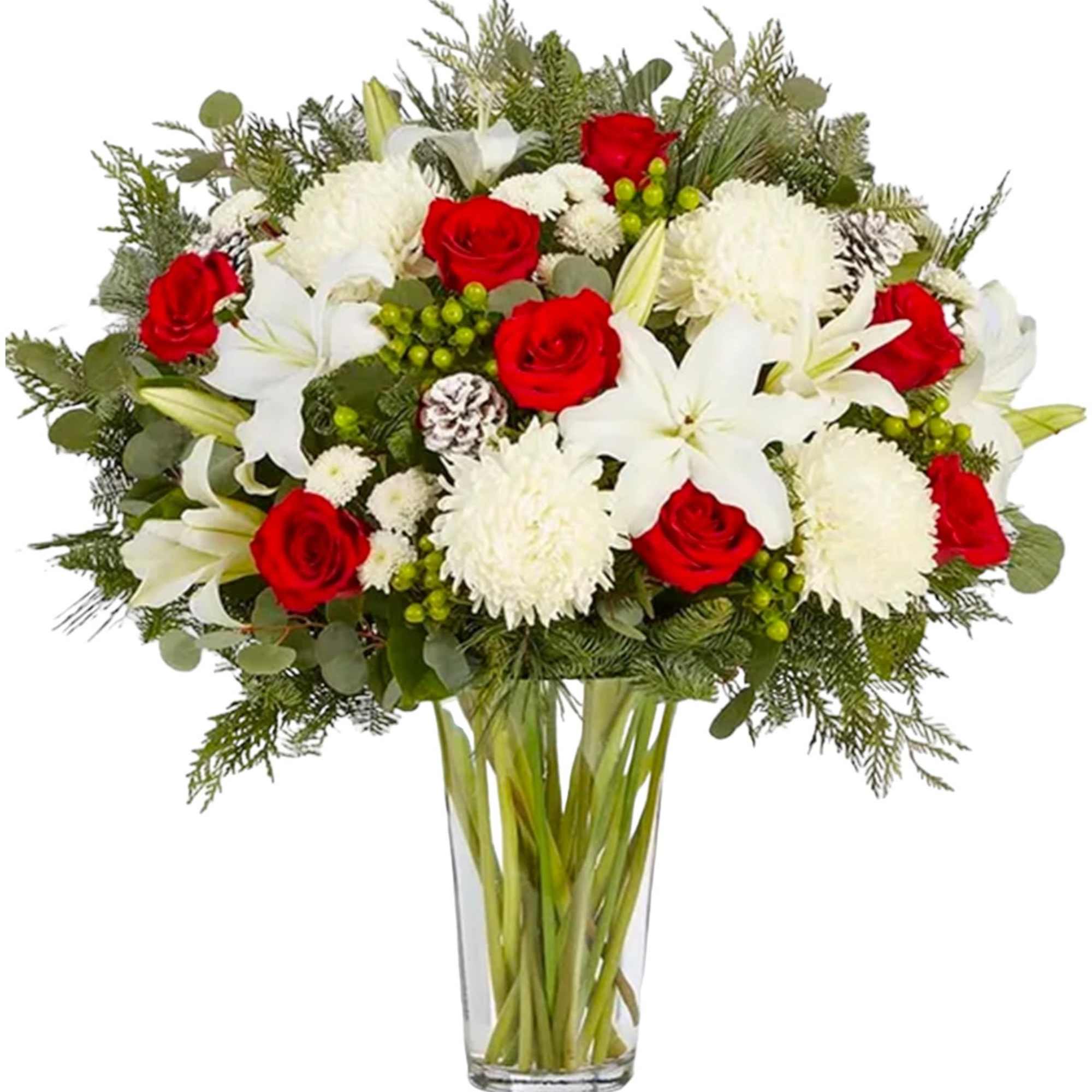 Red roses and white lilies in a clear glass vase