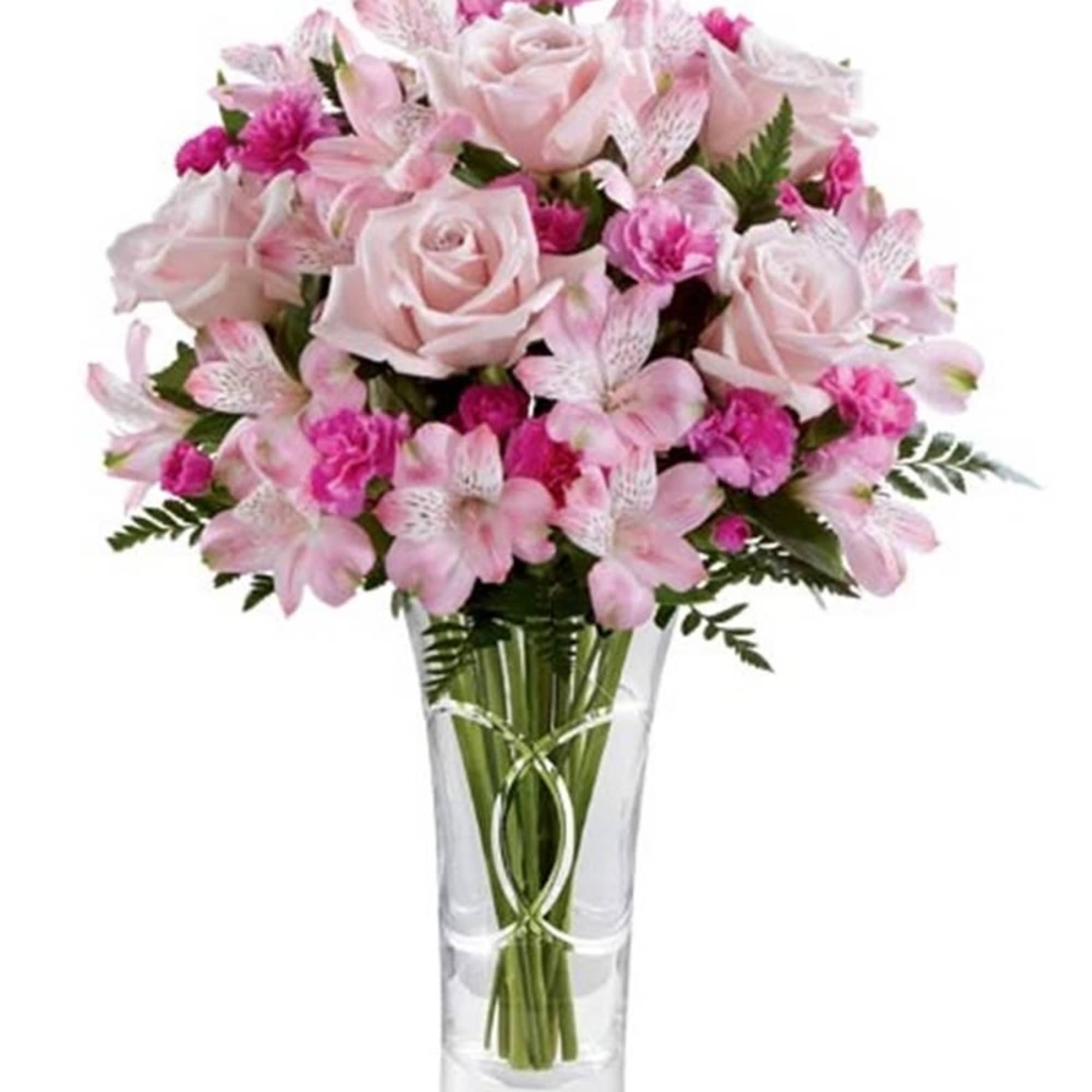 Make spring shimmer with this luxurious pink arrangement, hand-delivered in a glass