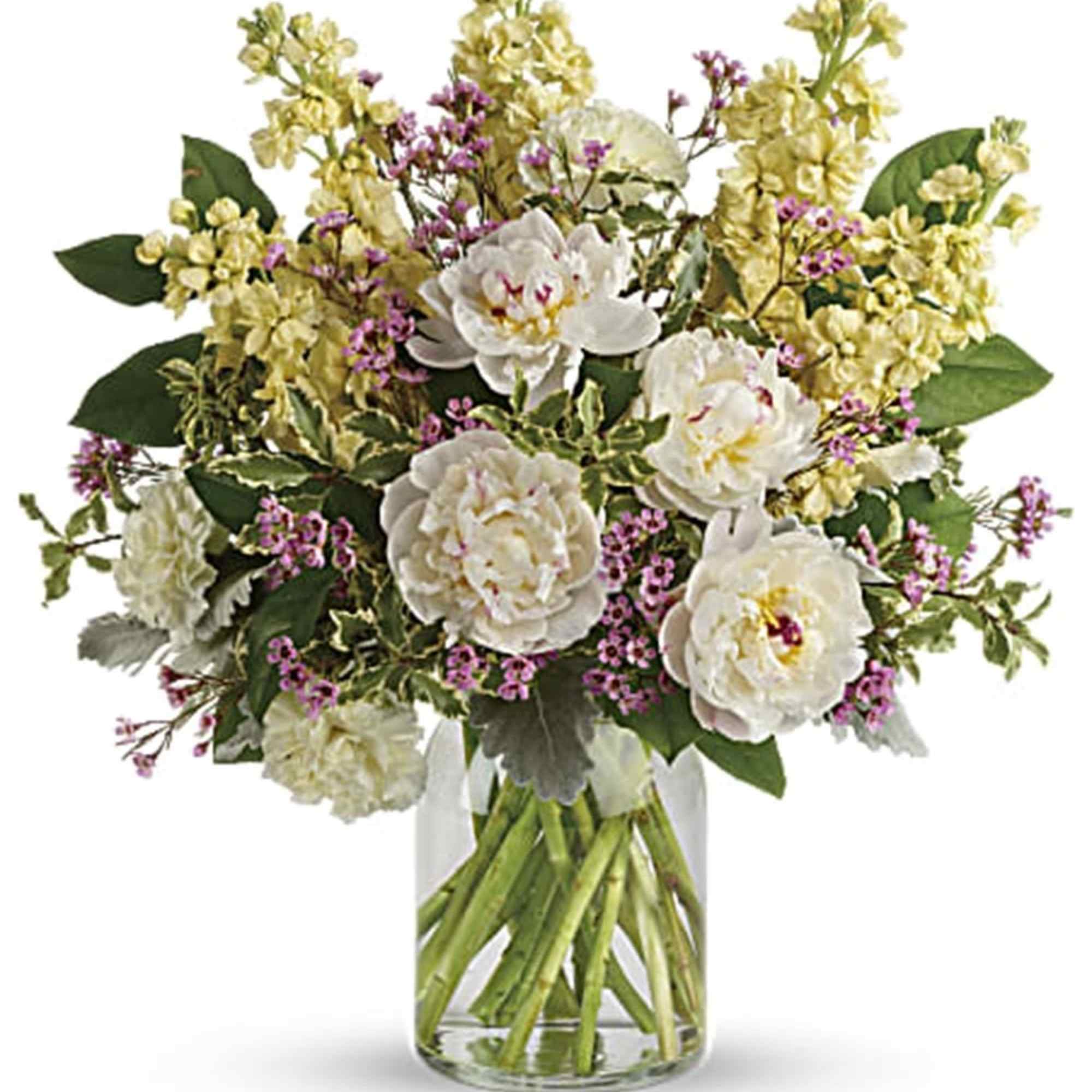 White and pale yellow flowers arranged in a clear glass vase