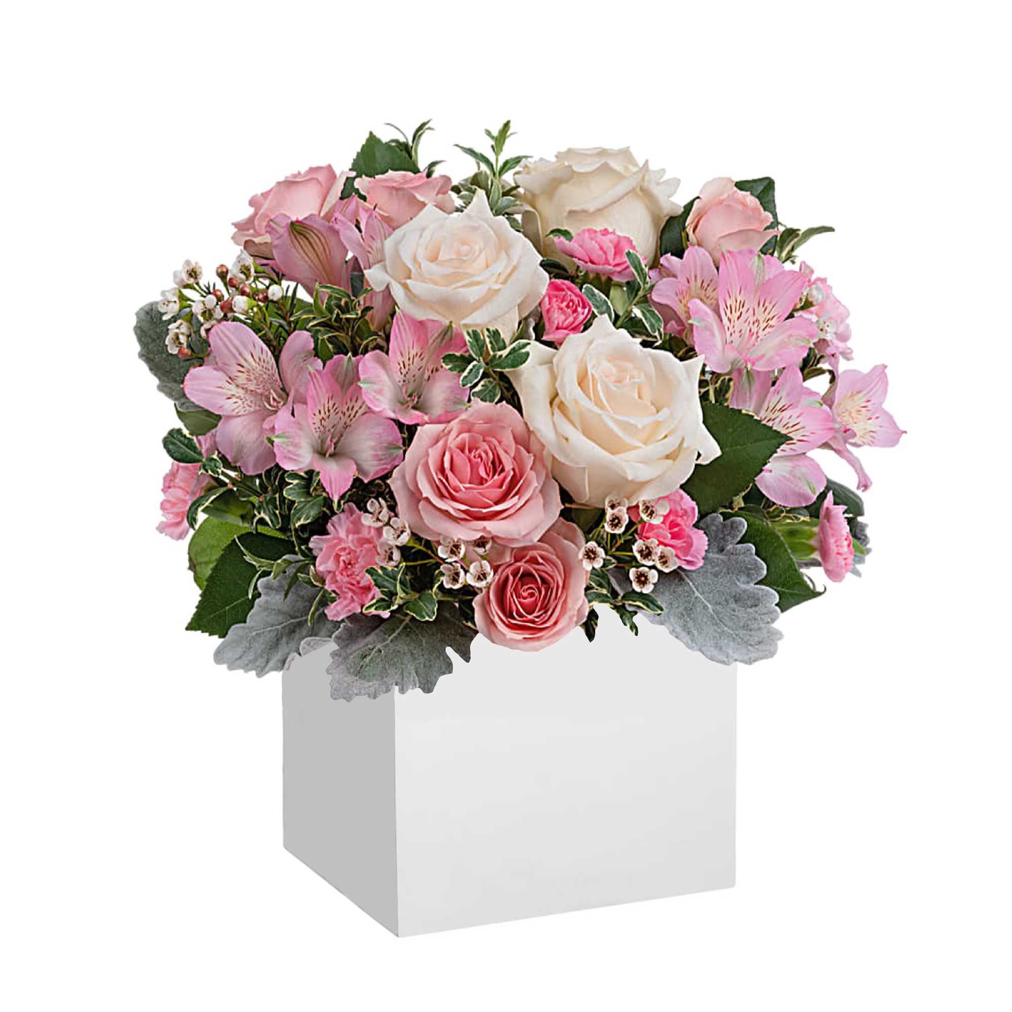 Pink and white rose bouquet in a white box