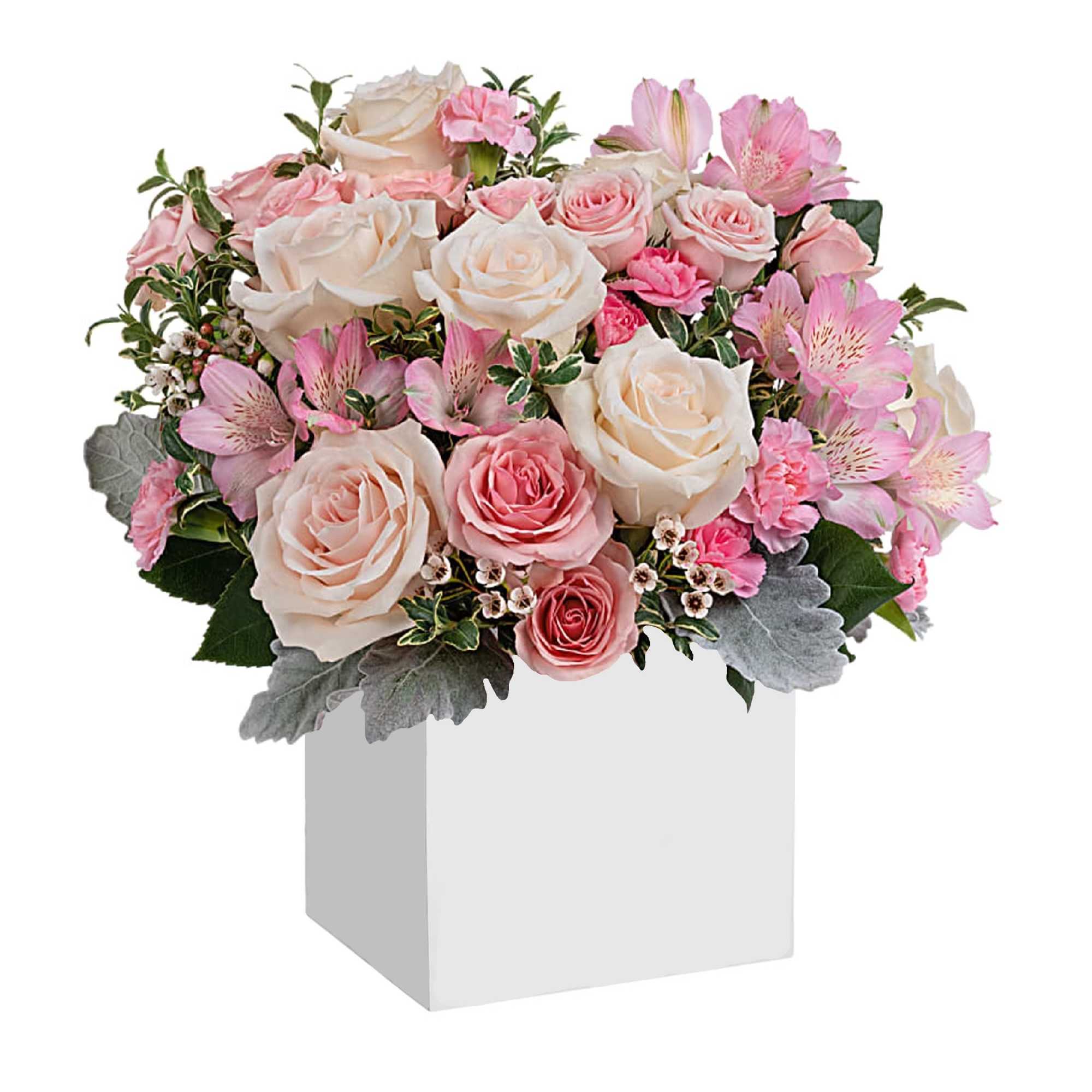 Pink and white rose bouquet in a white box