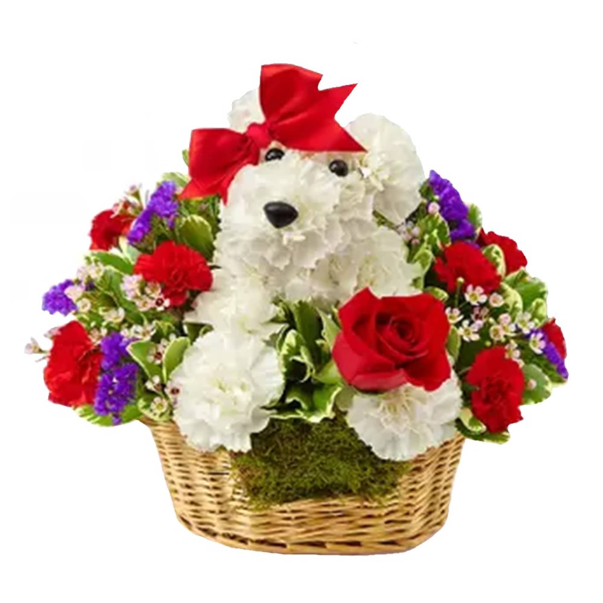 Teddy bear made of white flowers in a basket with red roses and a red bow