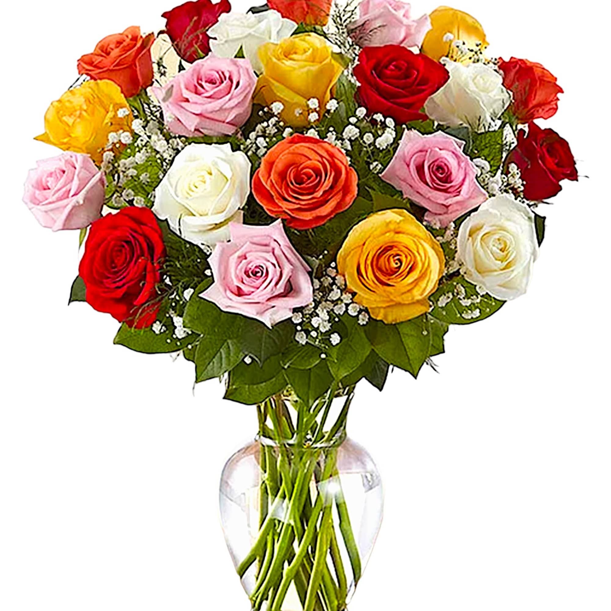 Mixed roses in a clear glass vase with baby's breath