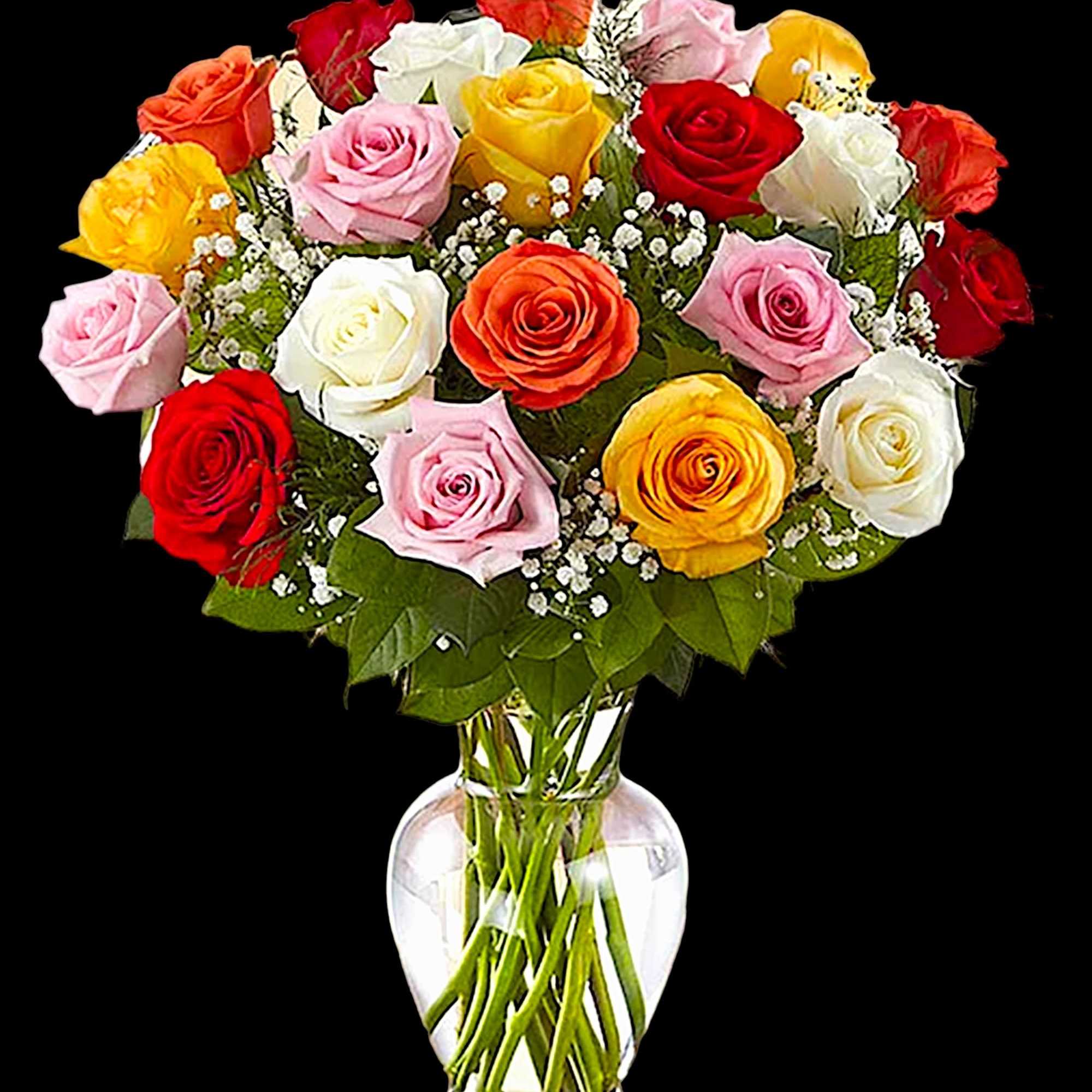 Bouquet of multicolored roses in a clear glass vase, photo 4 of 5