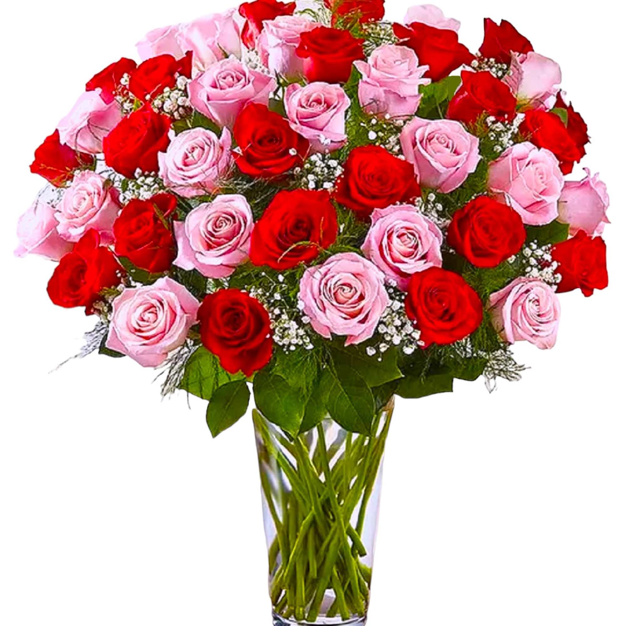 Bouquet of red and pink roses in a clear glass vase