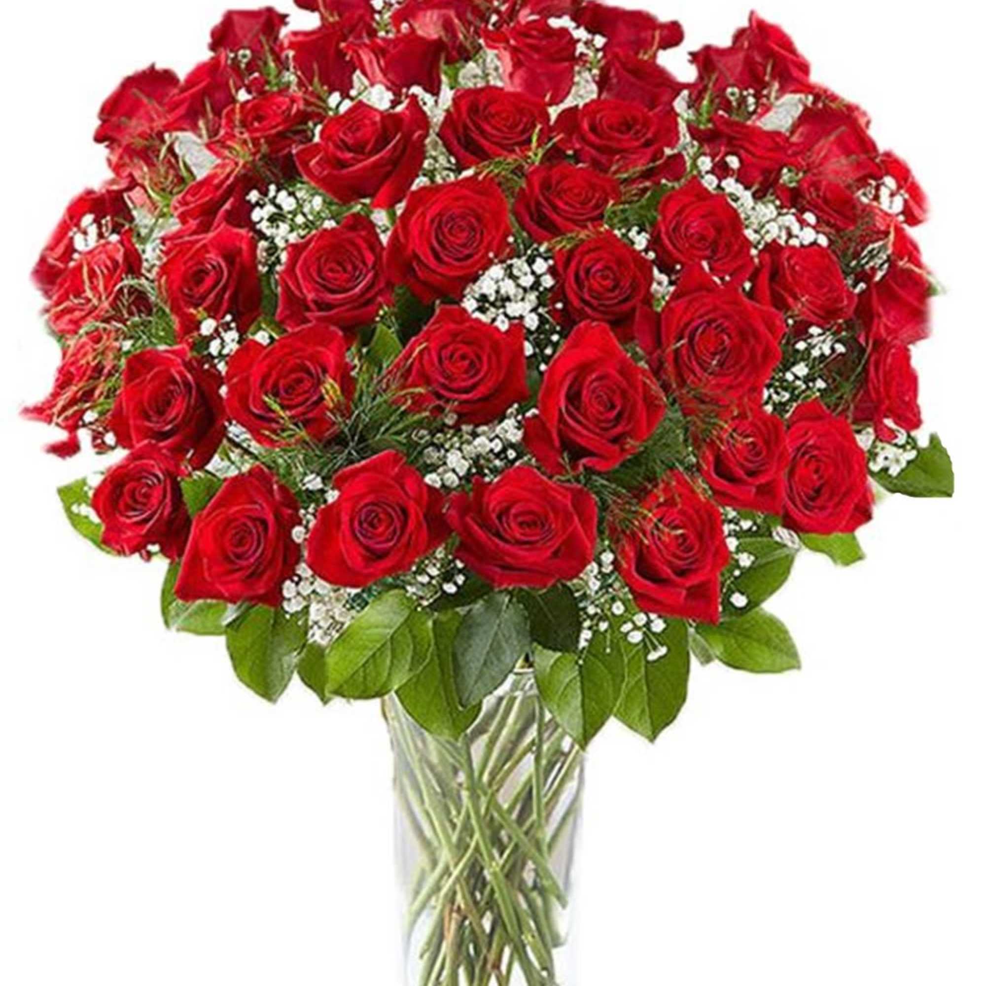 Bouquet of red roses in a clear glass vase