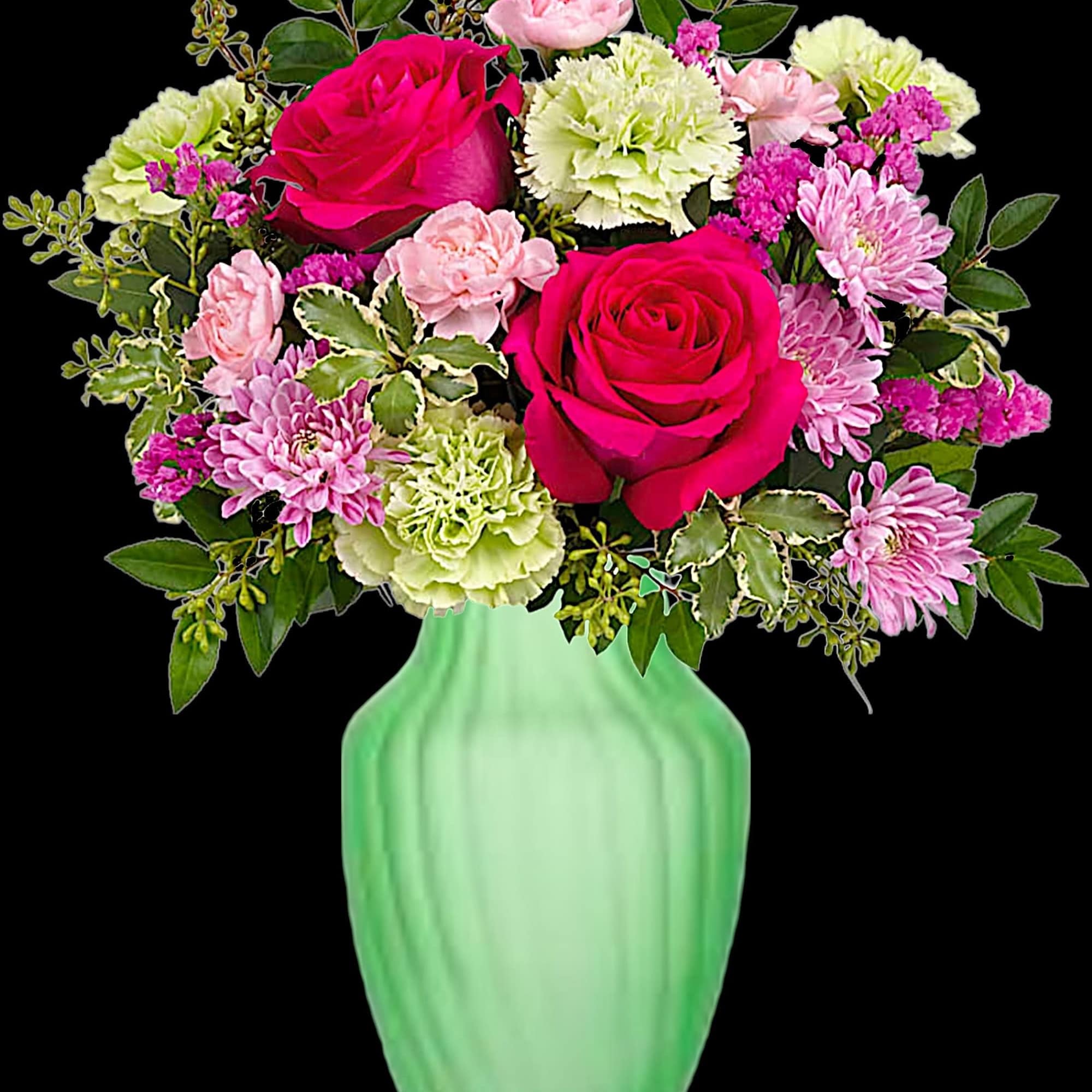 Pink roses and mixed flowers in a green vase, photo 4 of 4