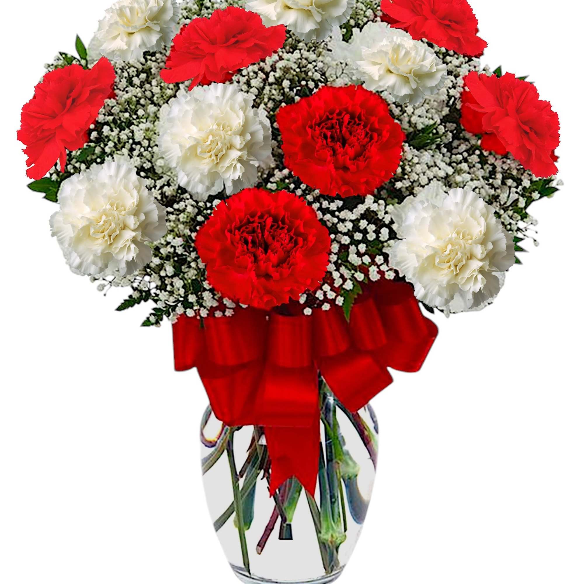Red and white carnations in a clear glass vase with a red ribbon