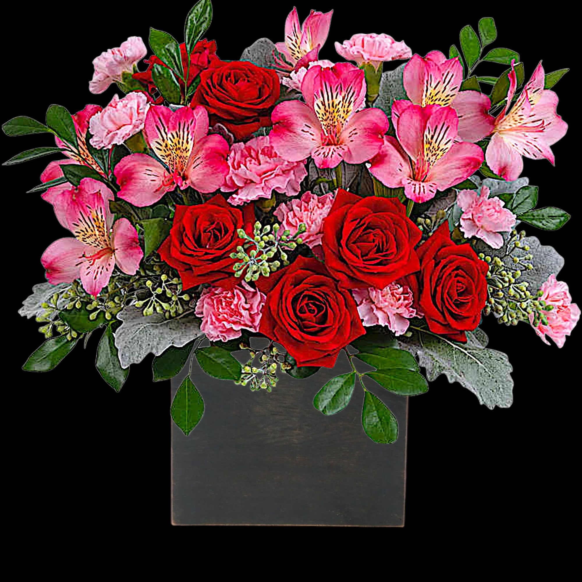 Red roses and pink alstroemeria in a square vase