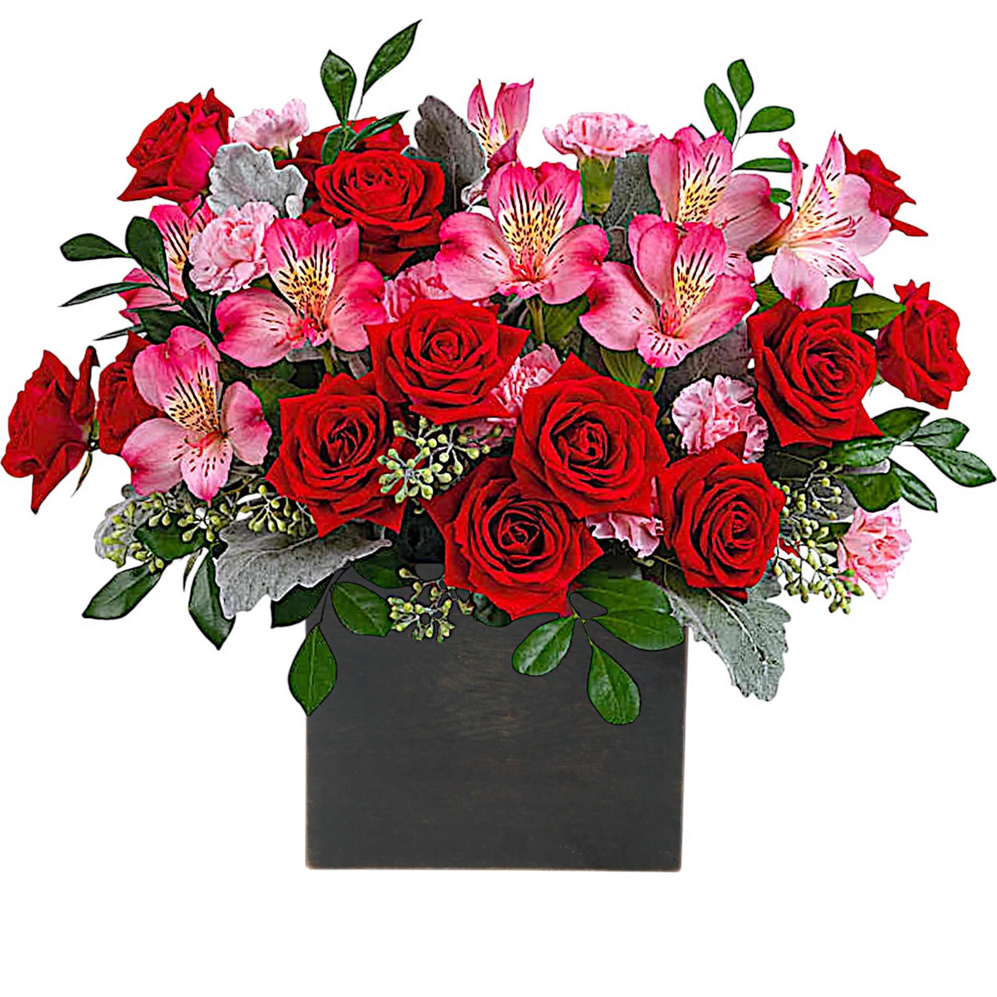 Red roses and pink alstroemeria in a black square vase