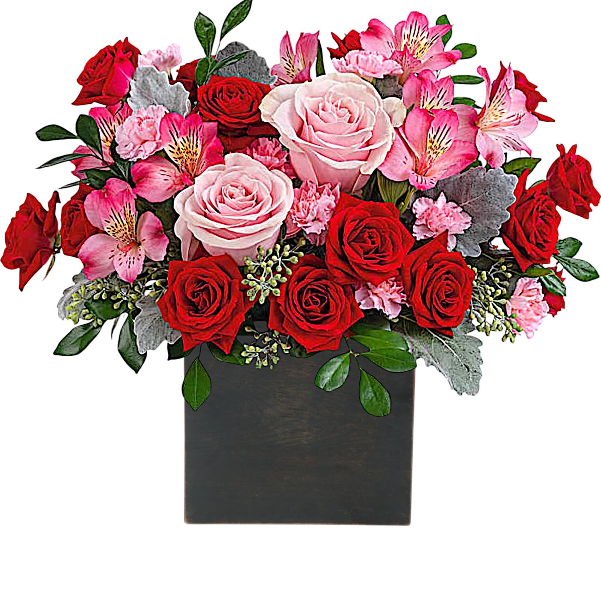 Red and pink roses arranged in a black square vase
