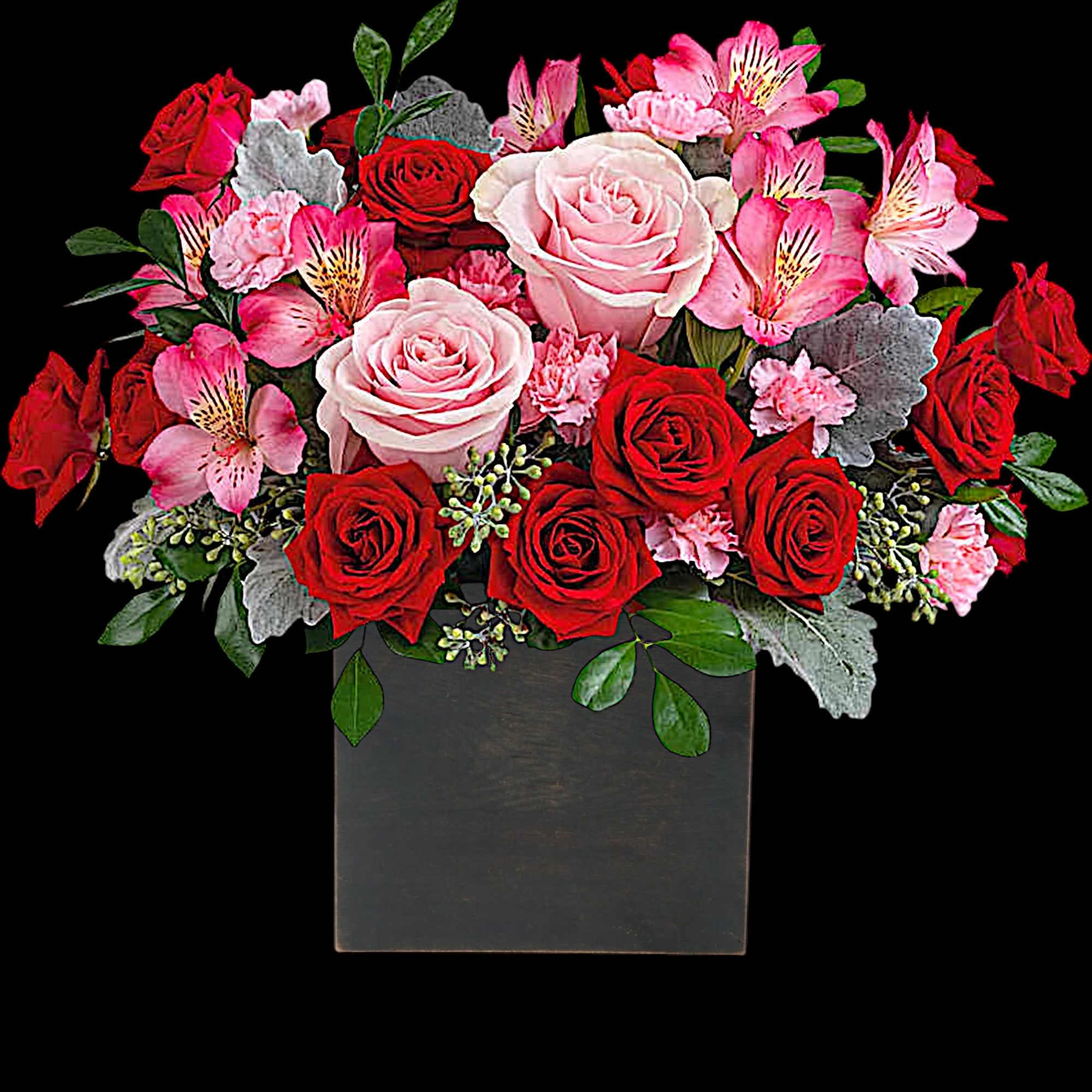 Red and pink roses with alstroemeria in a black vase