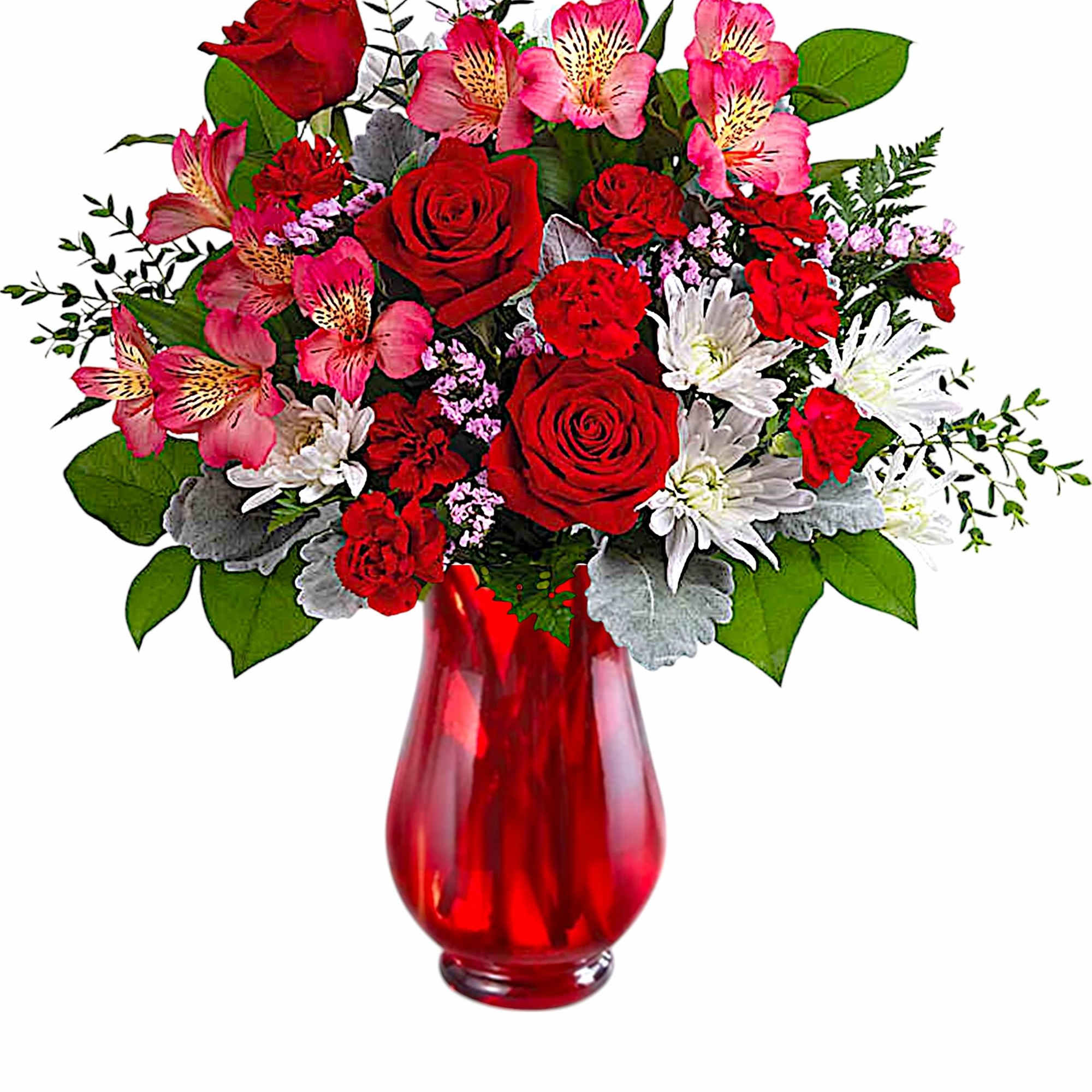 Red roses and pink alstroemeria in a red glass vase