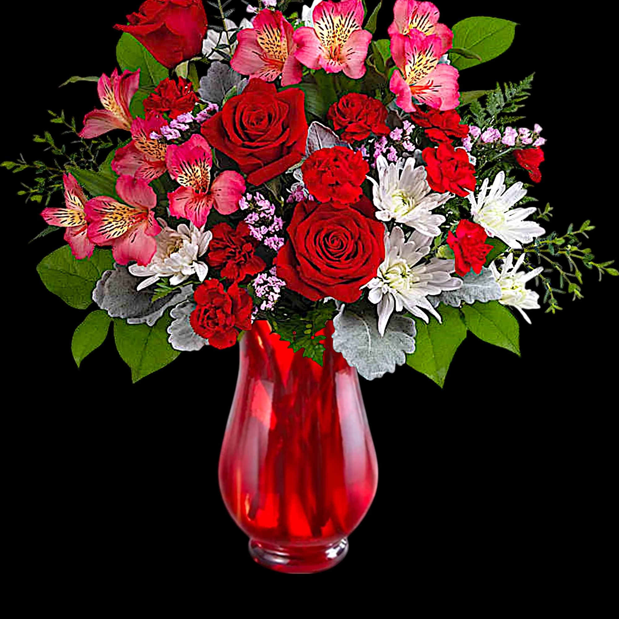Red roses and pink alstroemeria in a red glass vase, photo 3 of 4
