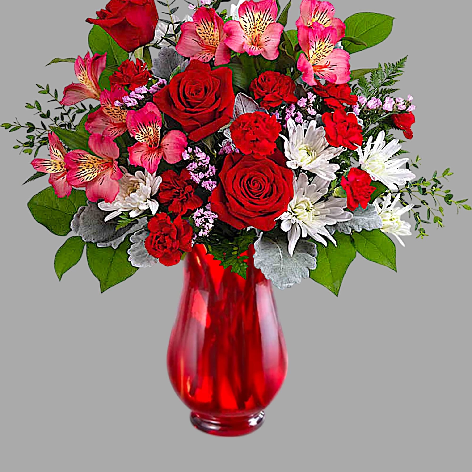 Red roses and pink alstroemeria in a red glass vase, photo 4 of 4