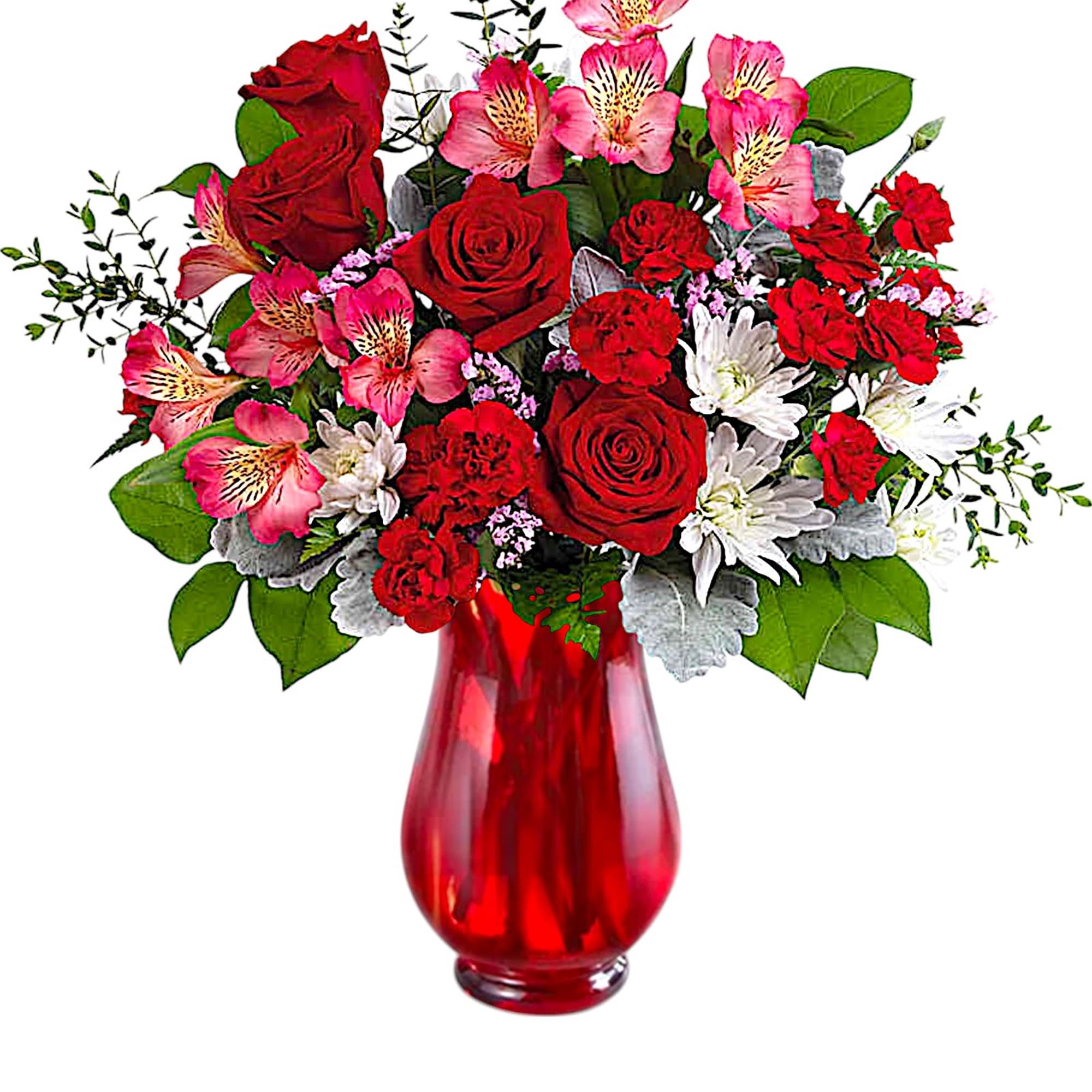 Red roses and pink alstroemeria in a red glass vase
