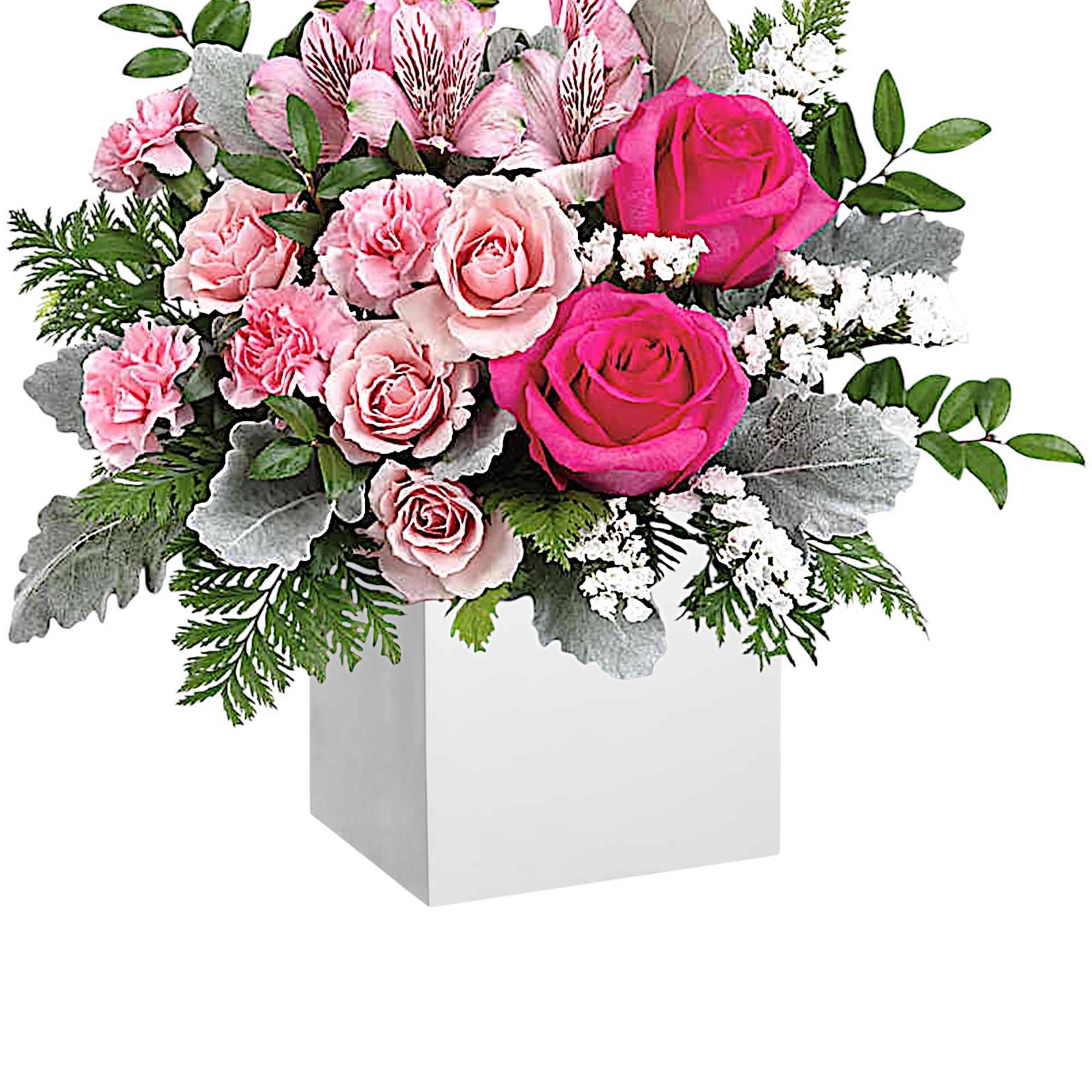 Pink rose and alstroemeria arrangement in a white box