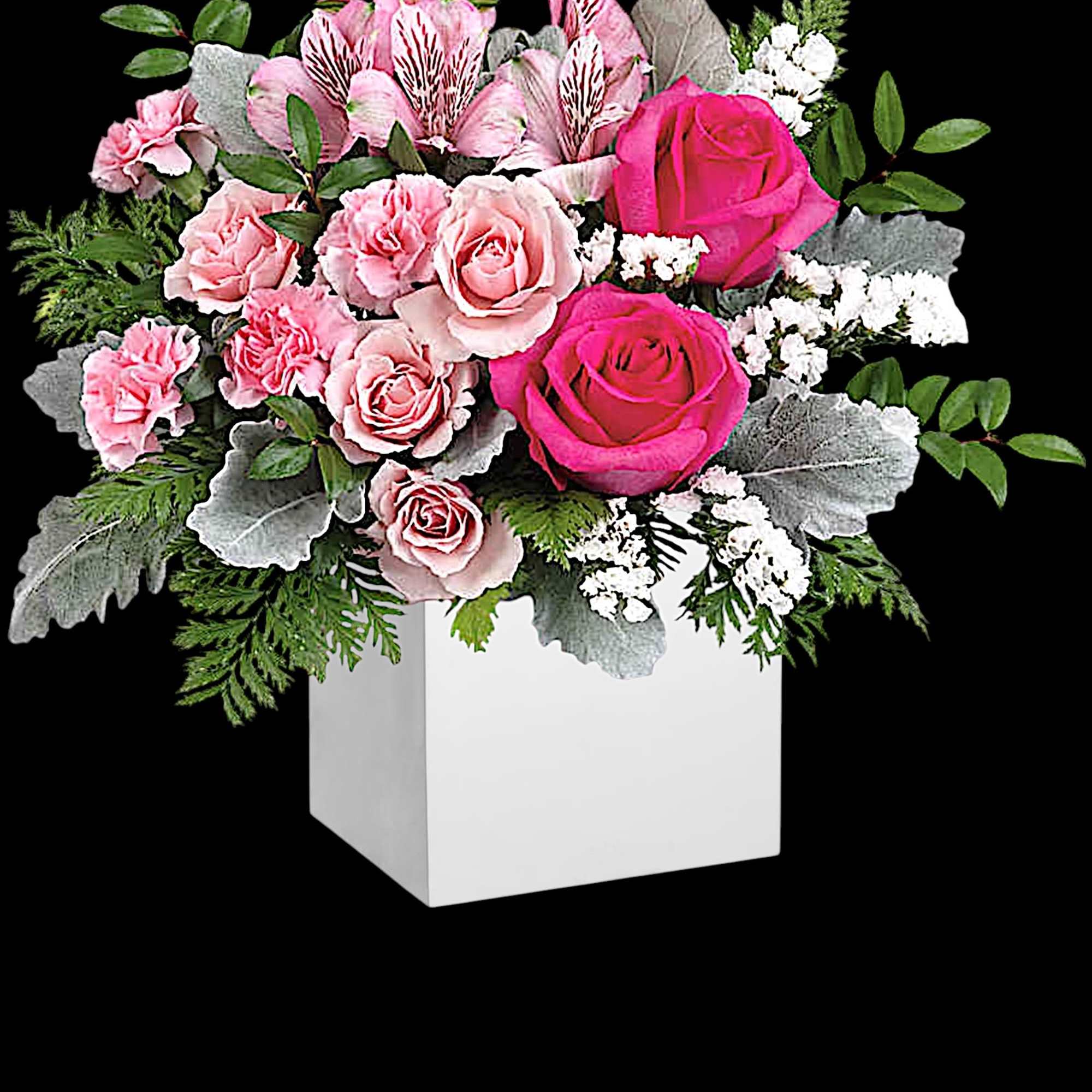 Pink roses and alstroemeria arranged in a white box