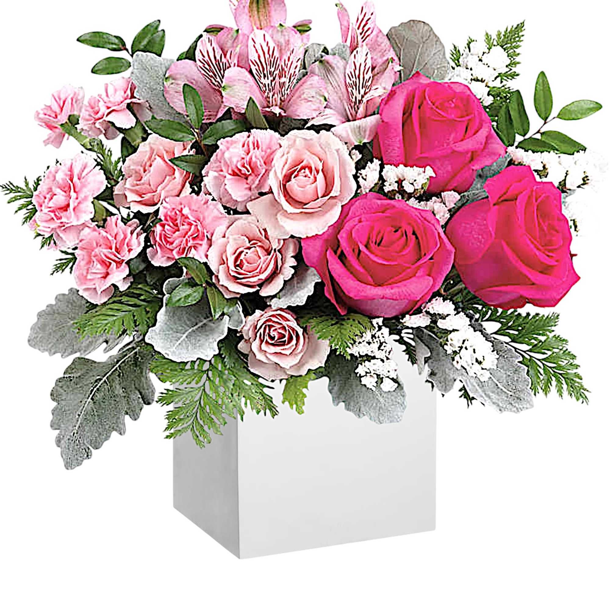 Pink rose and alstroemeria arrangement in a white box