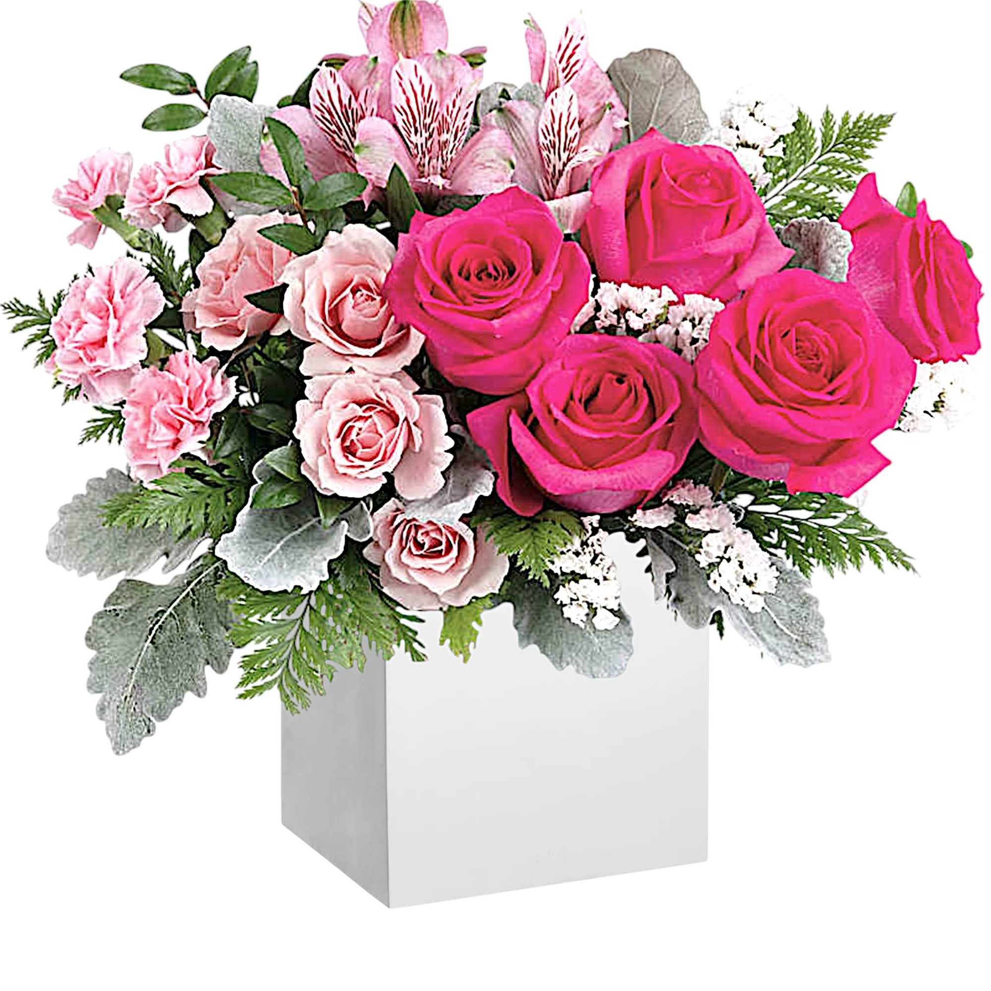 Pink rose bouquet in a white box with pale pink carnations