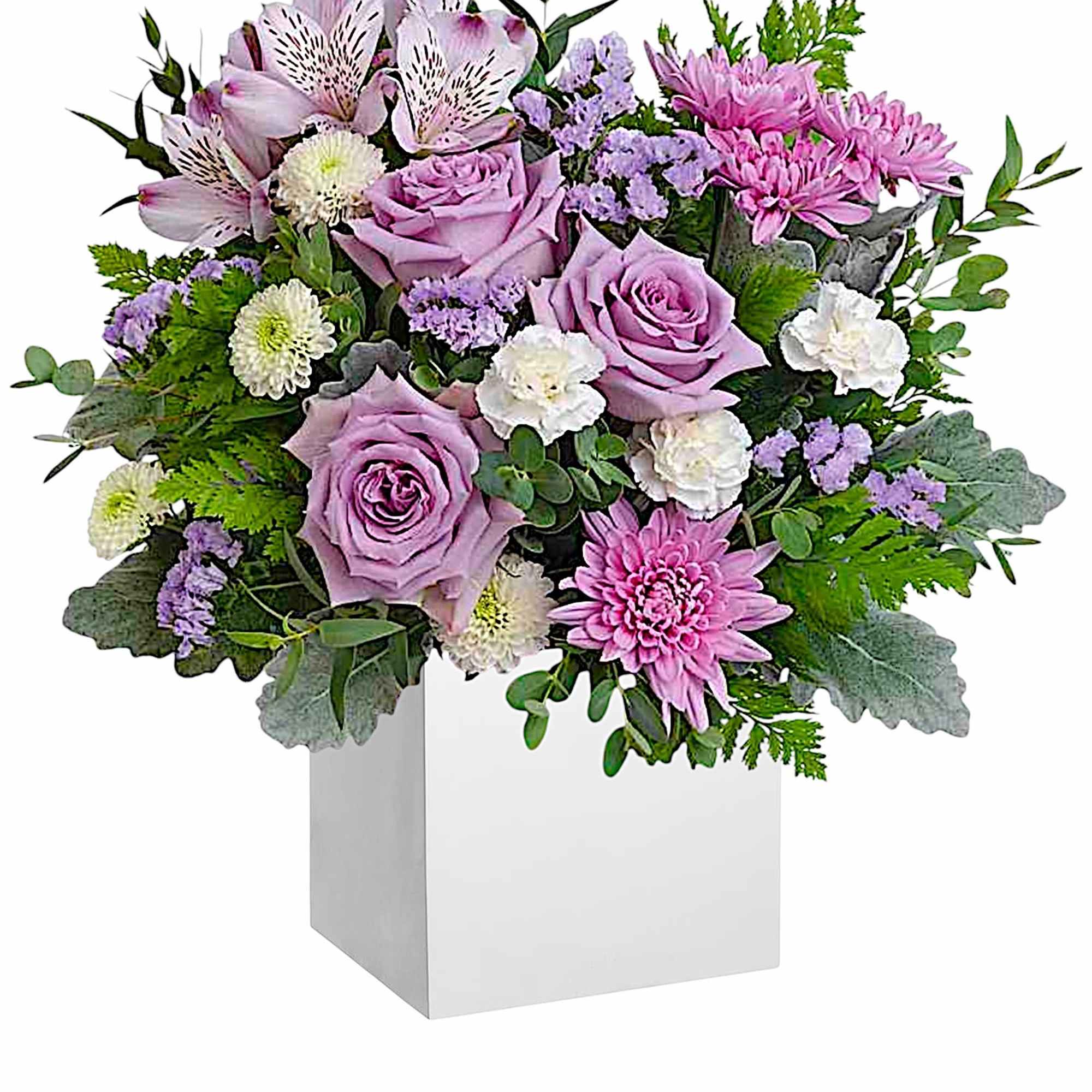 Experience the enchantment of blooms delivered! Purple roses in a eco-friendly wooden